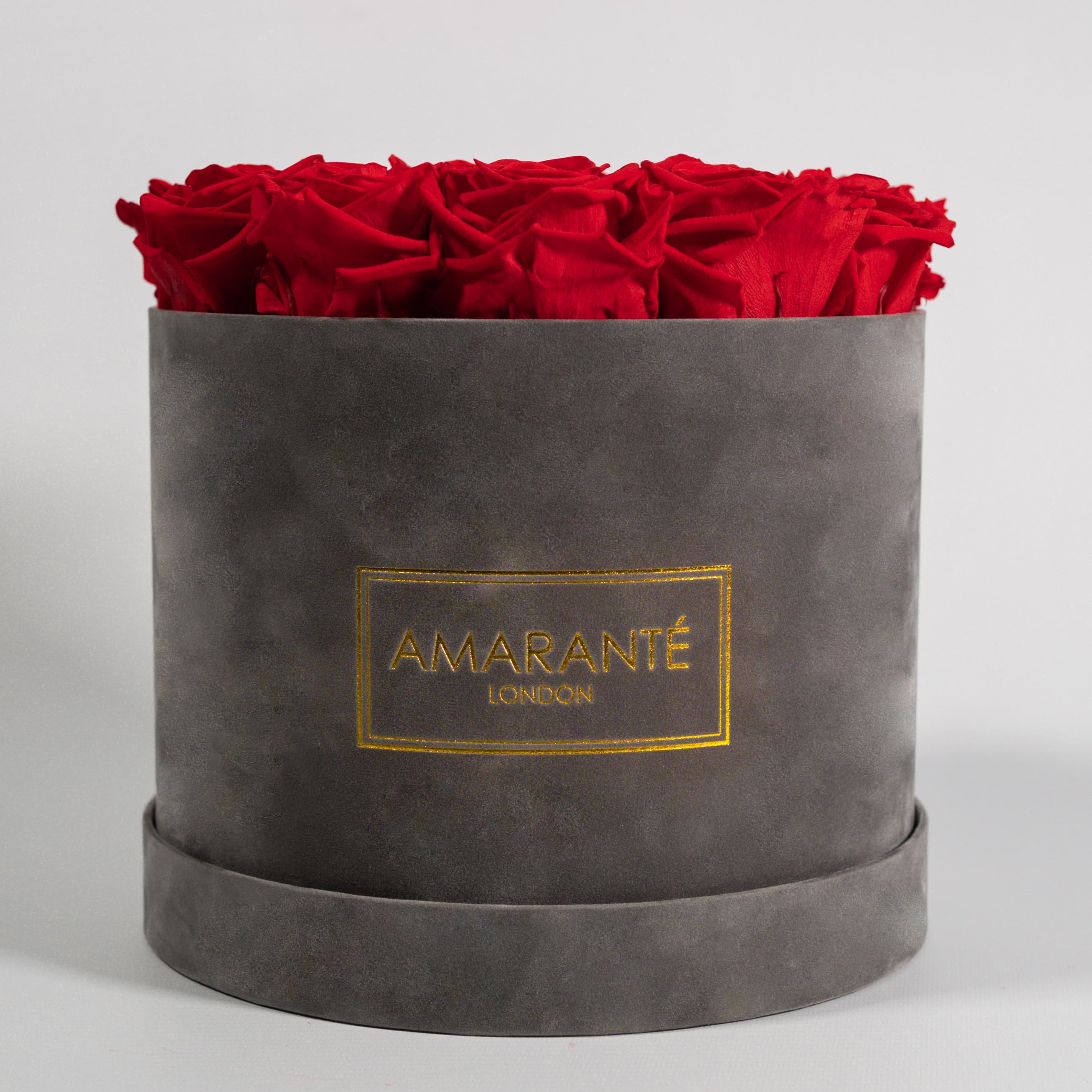 Large Round Grey Suede Rose Box with Infinity Roses – Amarante London