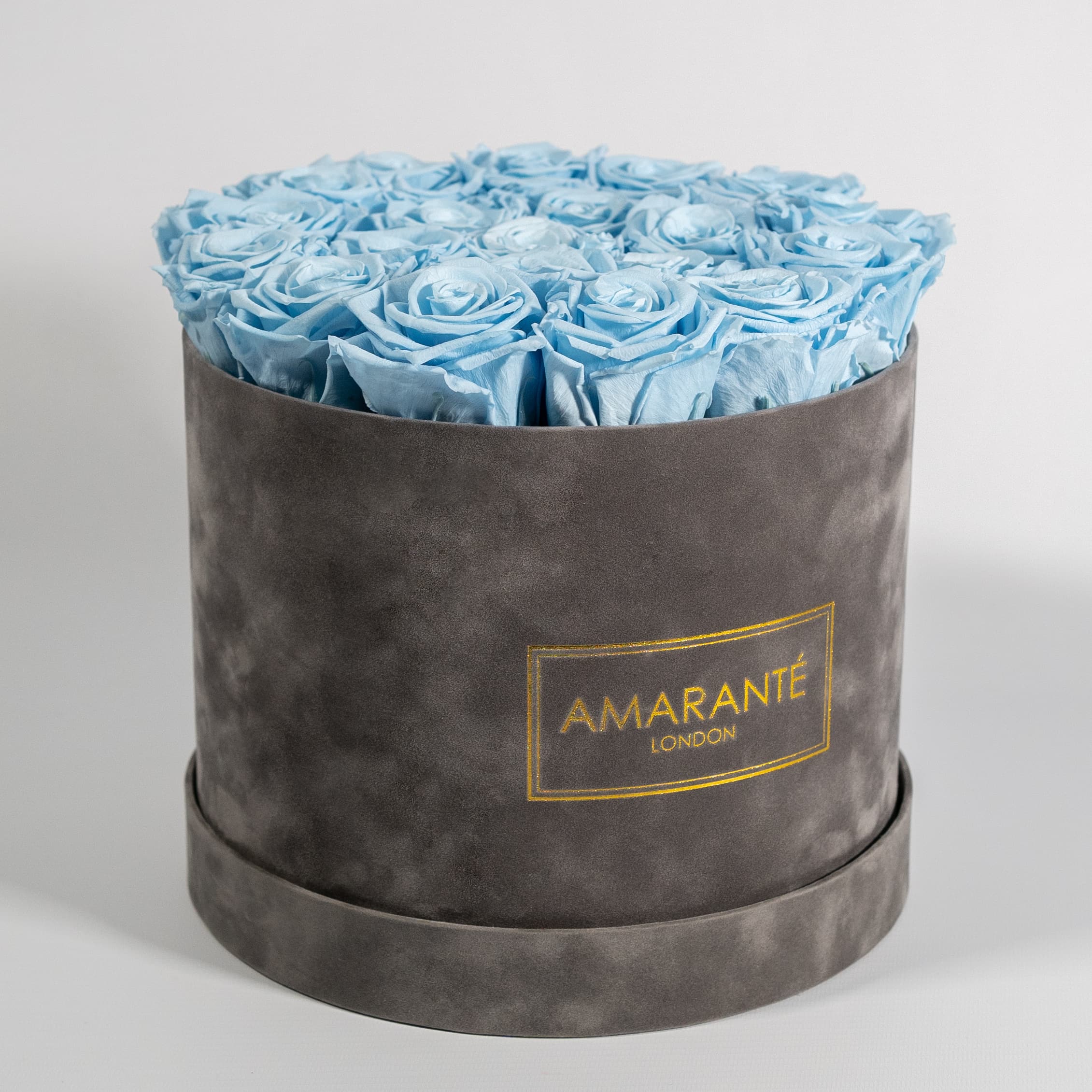 Cool light blue Roses as demonstrated in a stylish grey box 