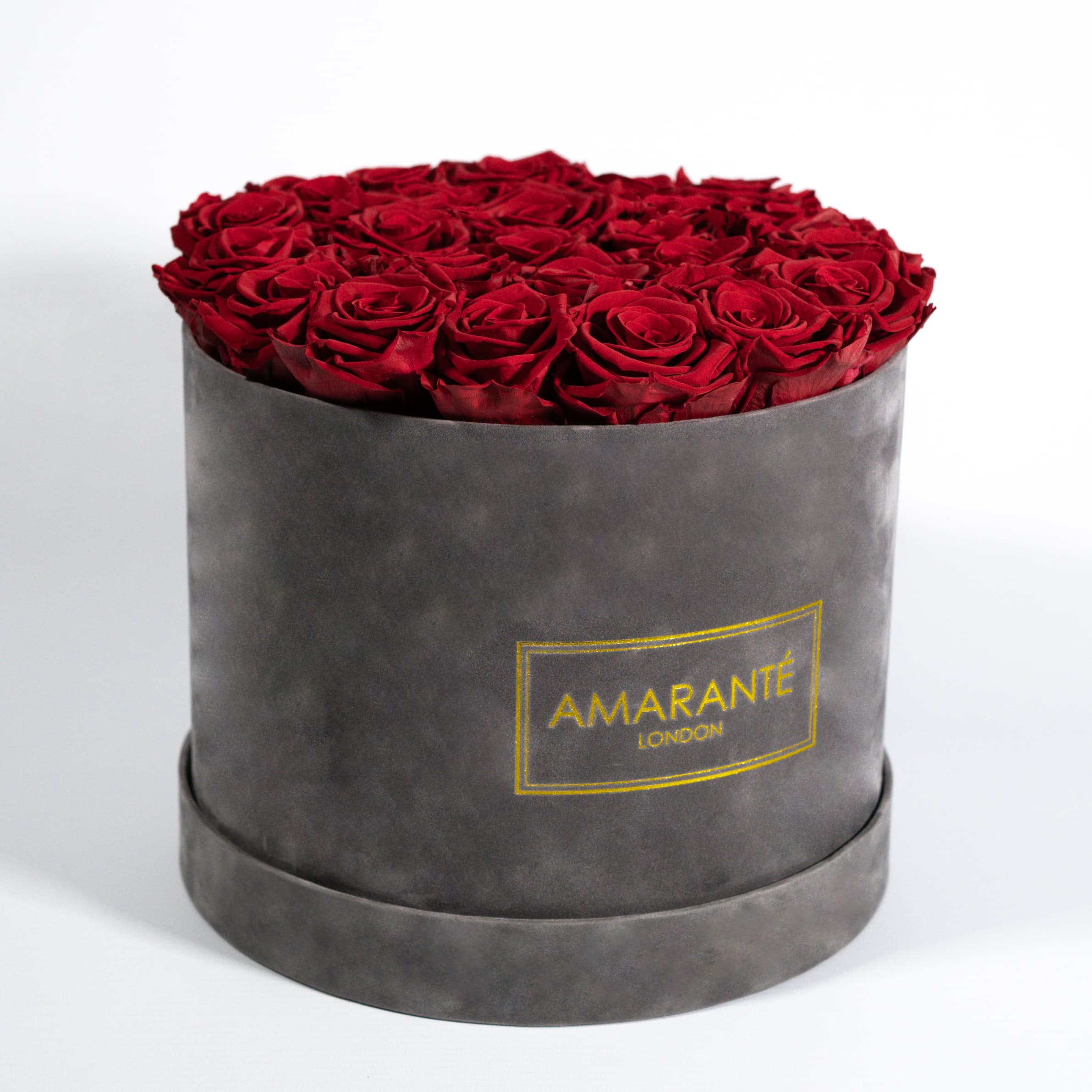 Dreamy red Roses imbedded in a sophisticated grey box 