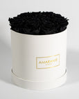 Bold black Roses shown in a dreamy white box 