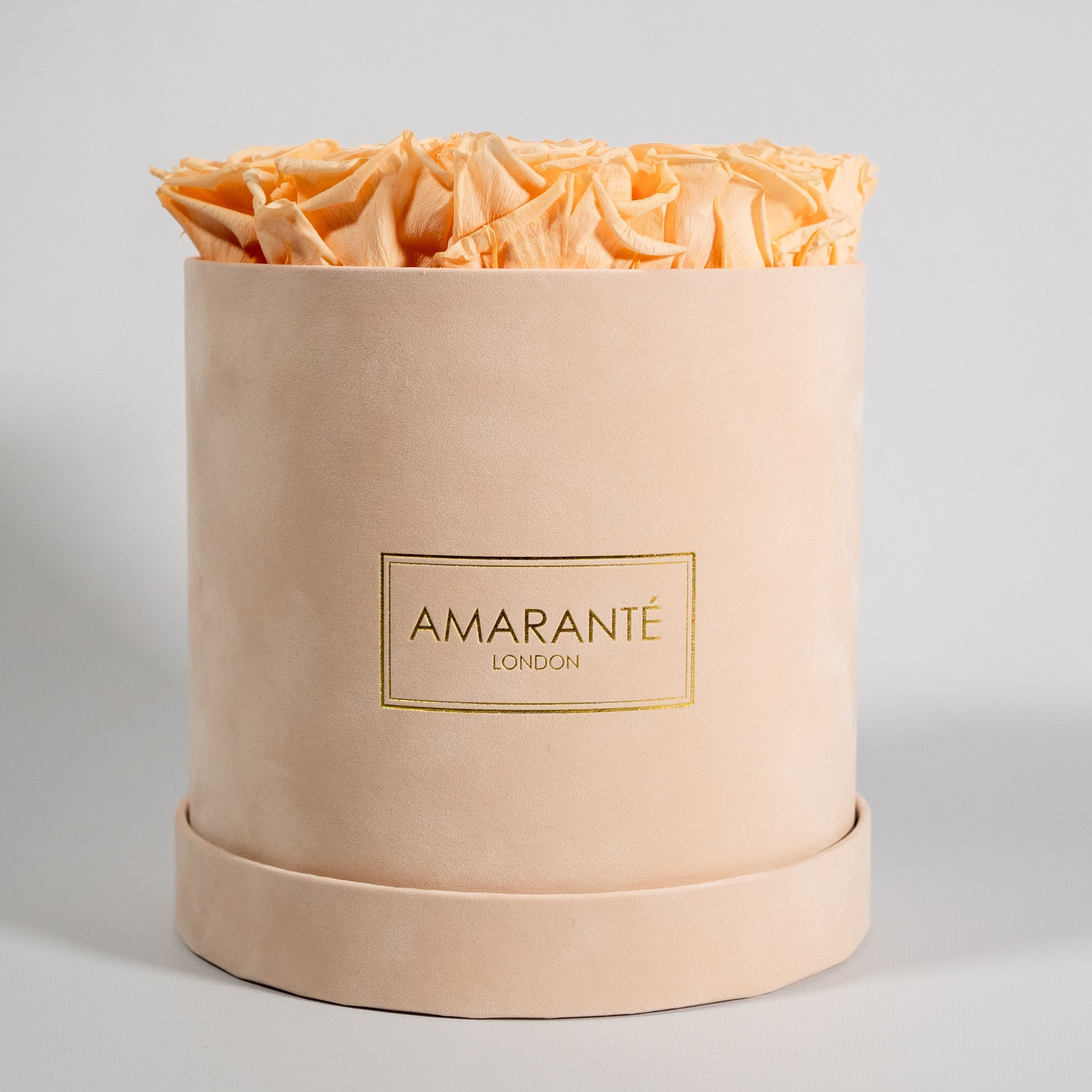 Summer-inspired peach roses displayed in a fashionable beige box. 
