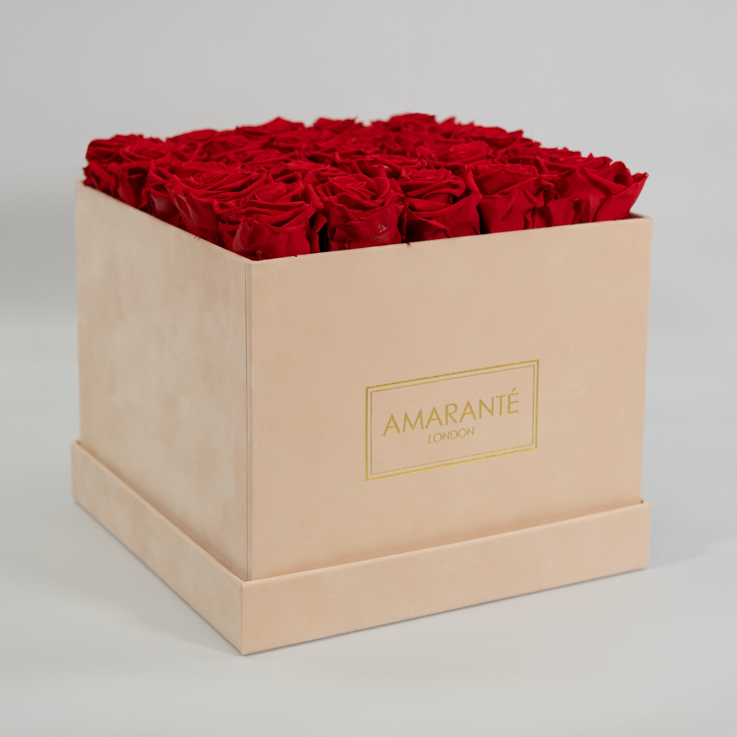 Magical red Roses in an elegant beige box in large size. 