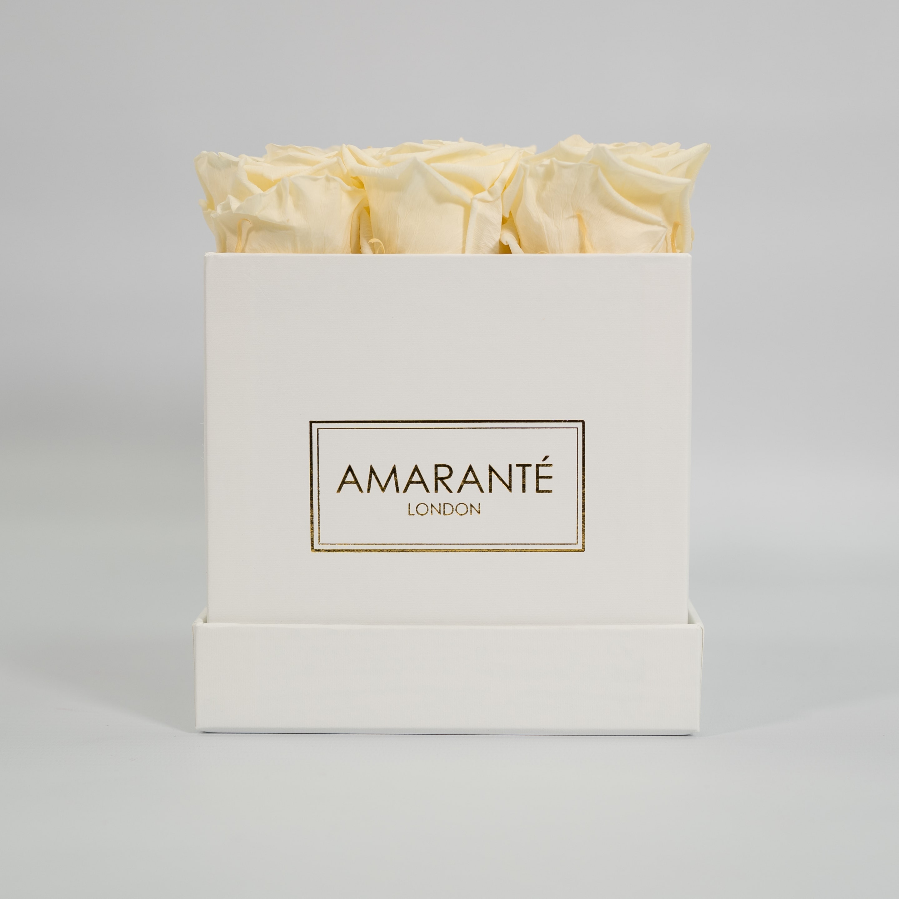 Chic champagne roses in a charming white box 