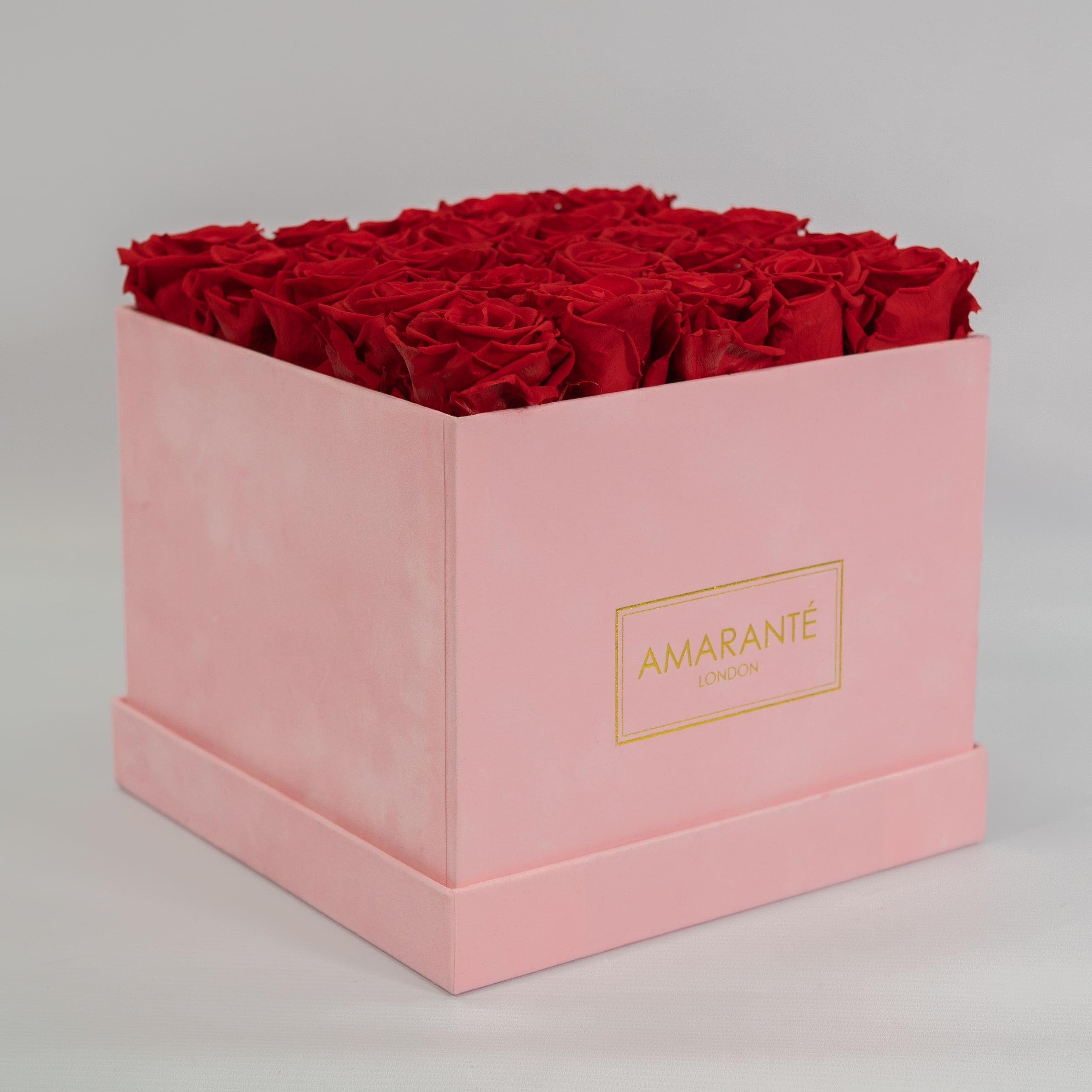 Aromatic red roses bursting with fiery shades in a blushing pink box  