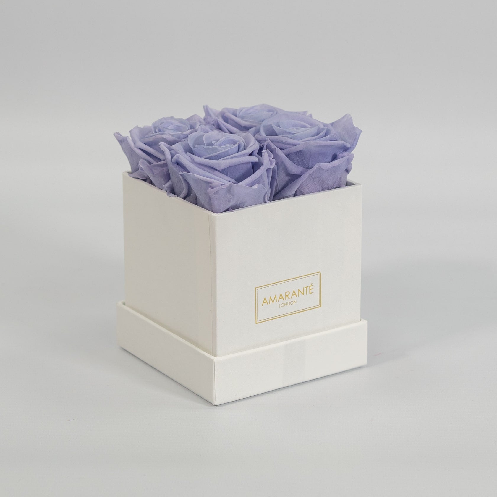 Artful lavender roses encompassed in a fashionable white box 