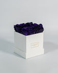 Luxurious royal blue roses exhibited in a sleek white box 
