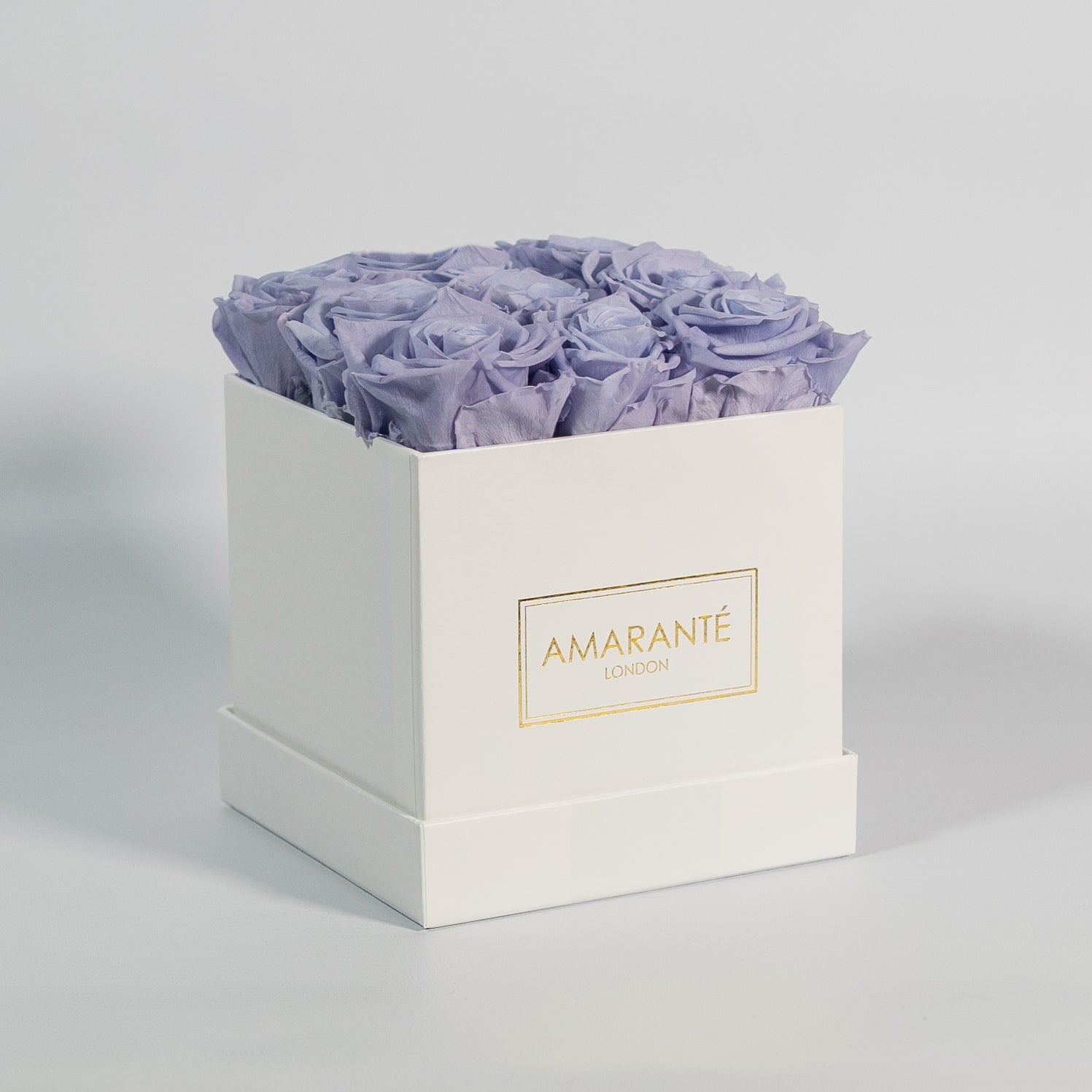 Artful lavender roses exhibited in a modish white box 