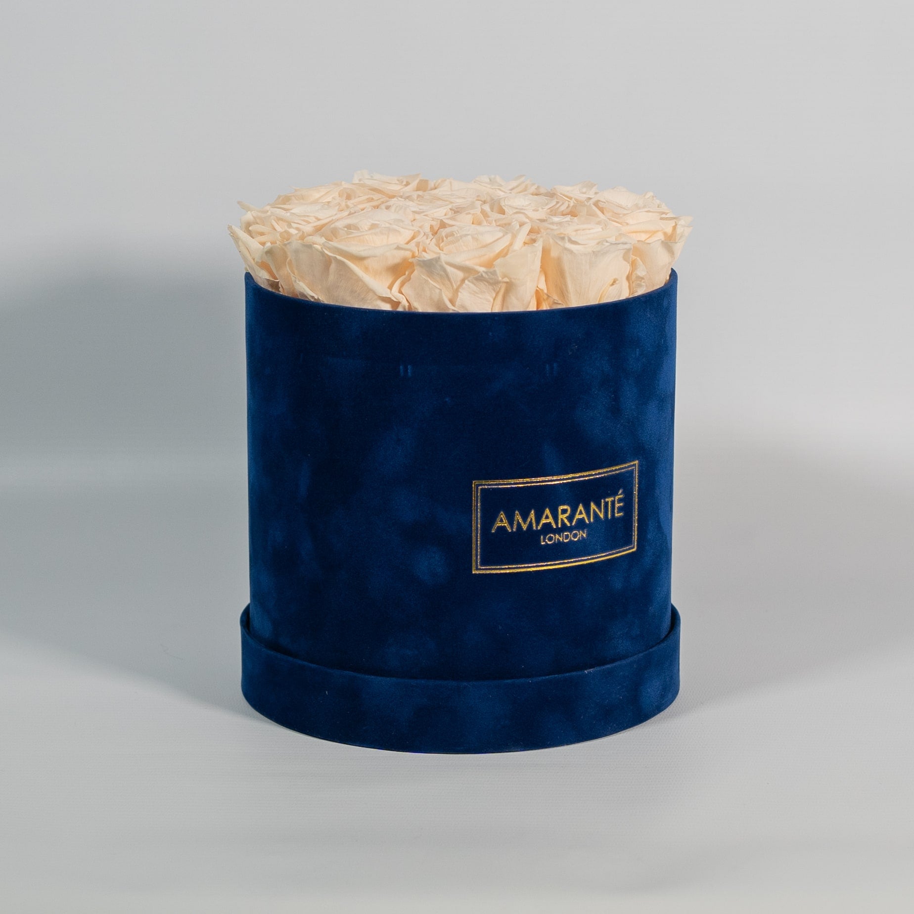Charming champagne Roses in a chic blue box 