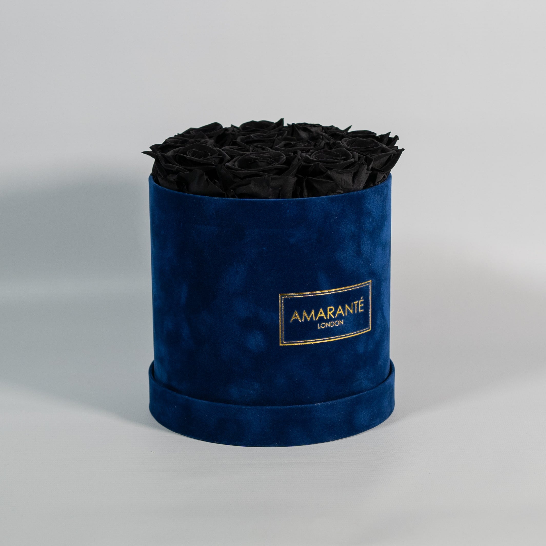 Bold black Roses encompassed in a gorgeous blue box 