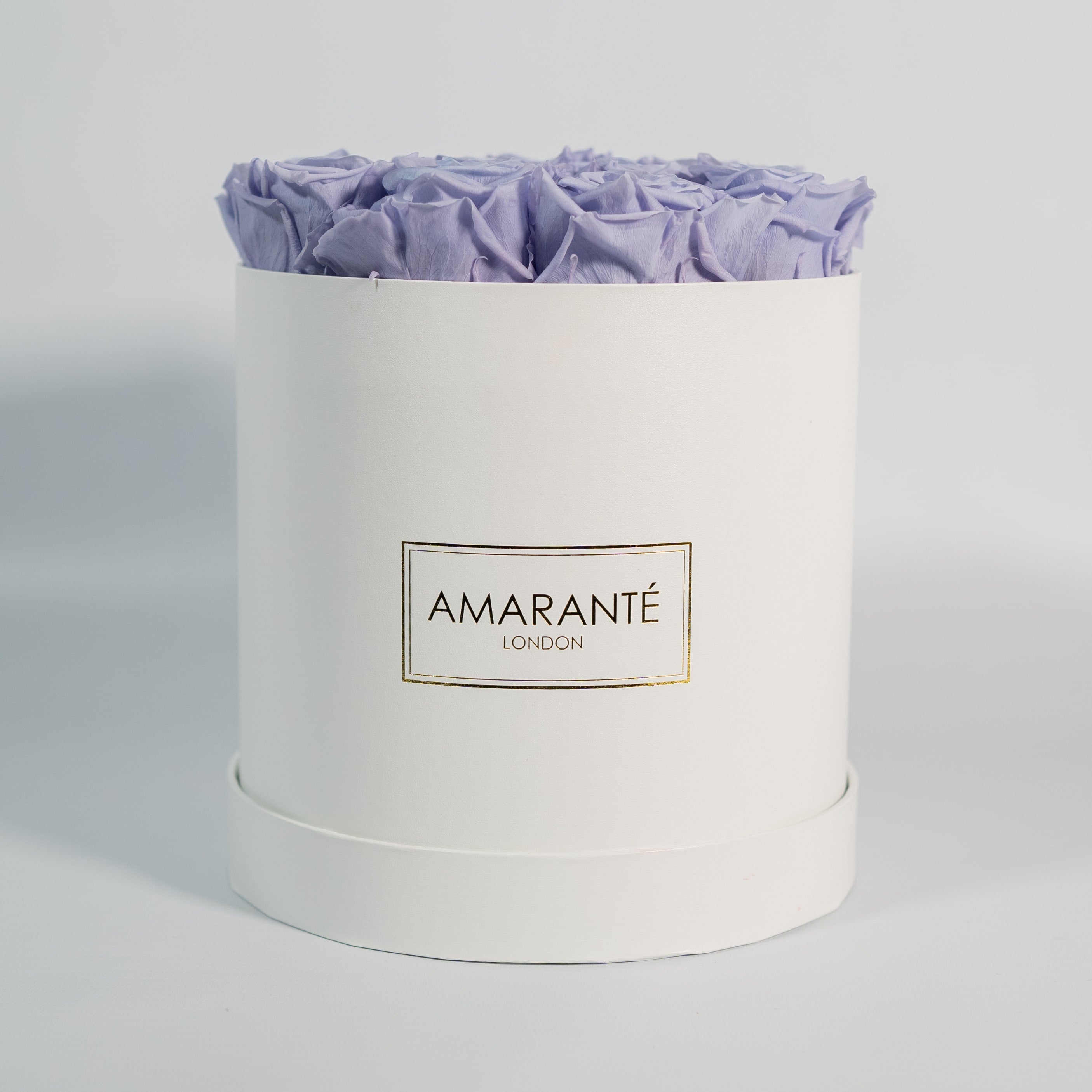Majestic lavender roses imbedded in a majestic white box 
