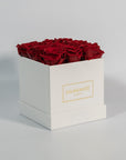 Divine wine red rose in a fashionable white box es shown in a 
