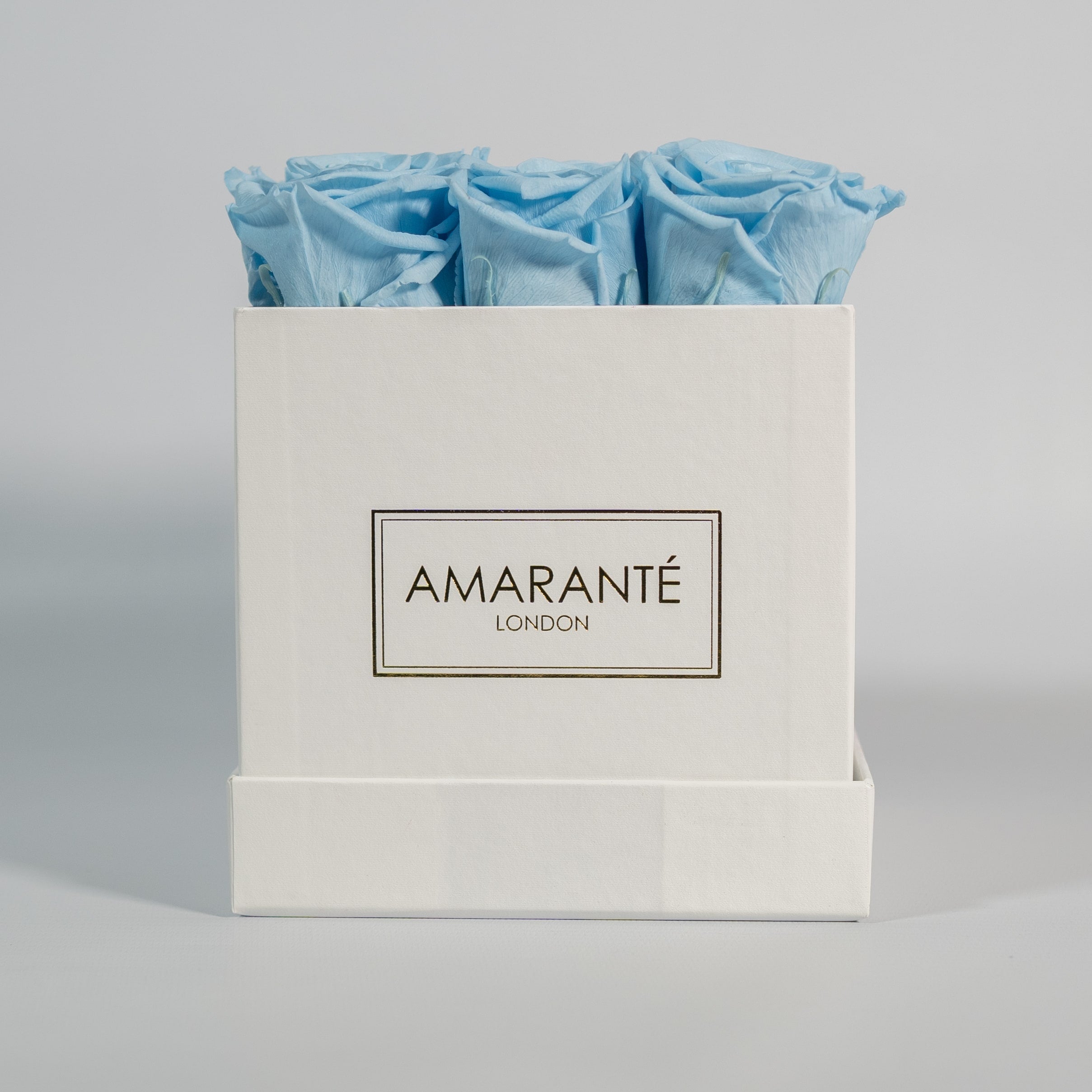 Stunning light blue roses encompassed in a trendy white box 