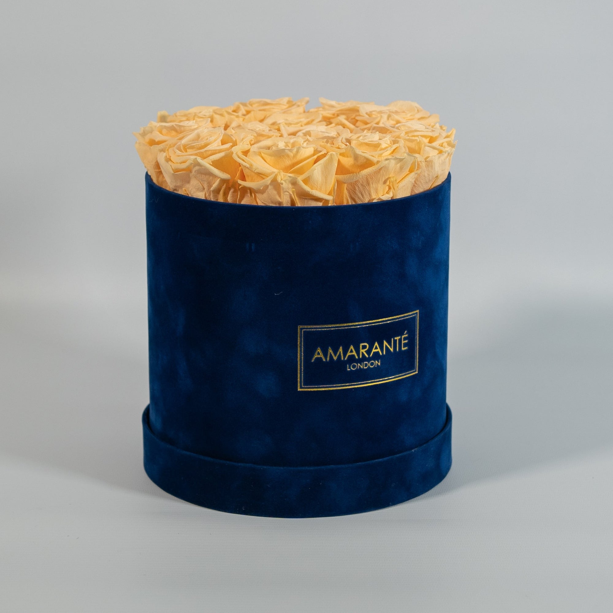 Charming champagne Roses available in a modern blue box 