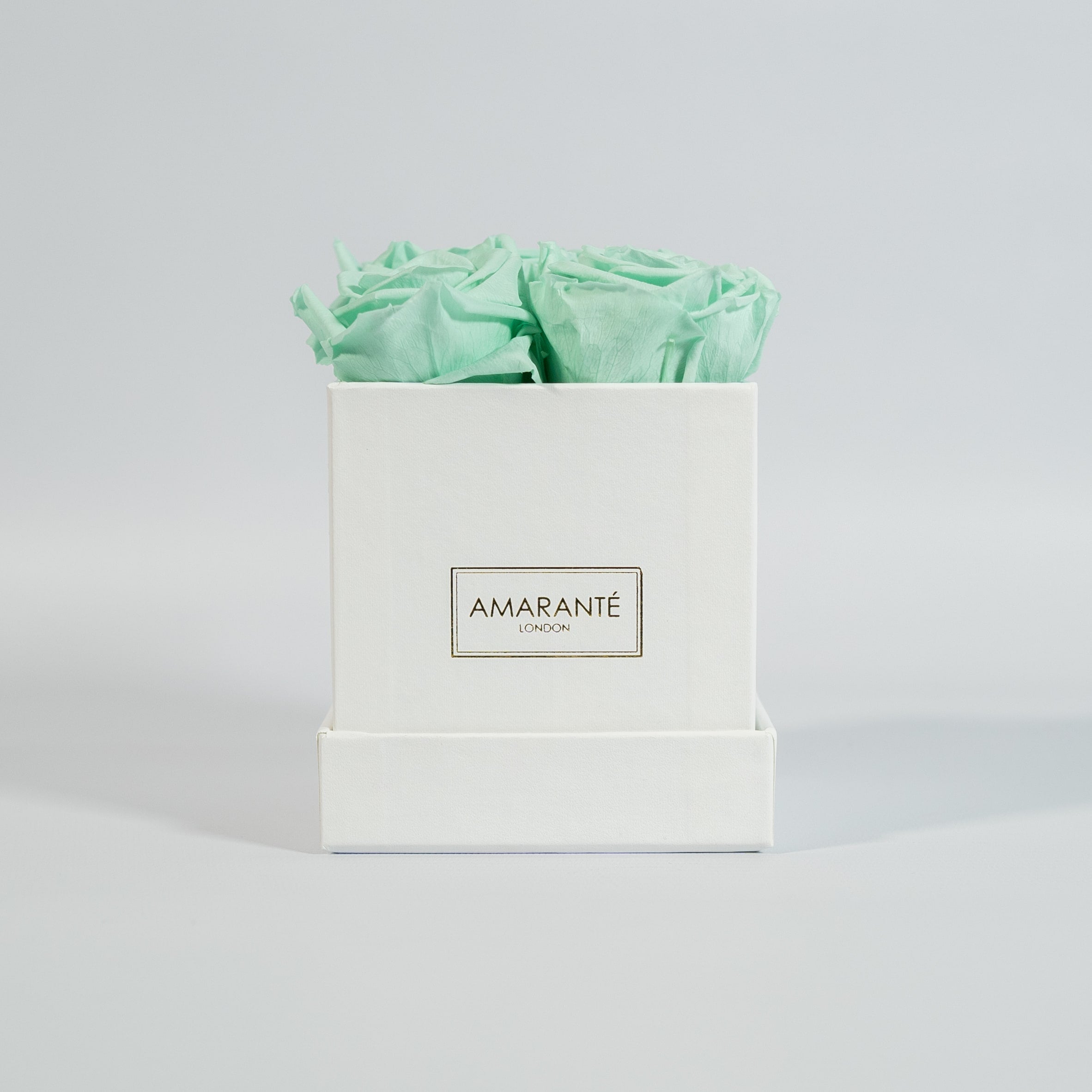 Elegant mint green roses encompassed in a modish white box 