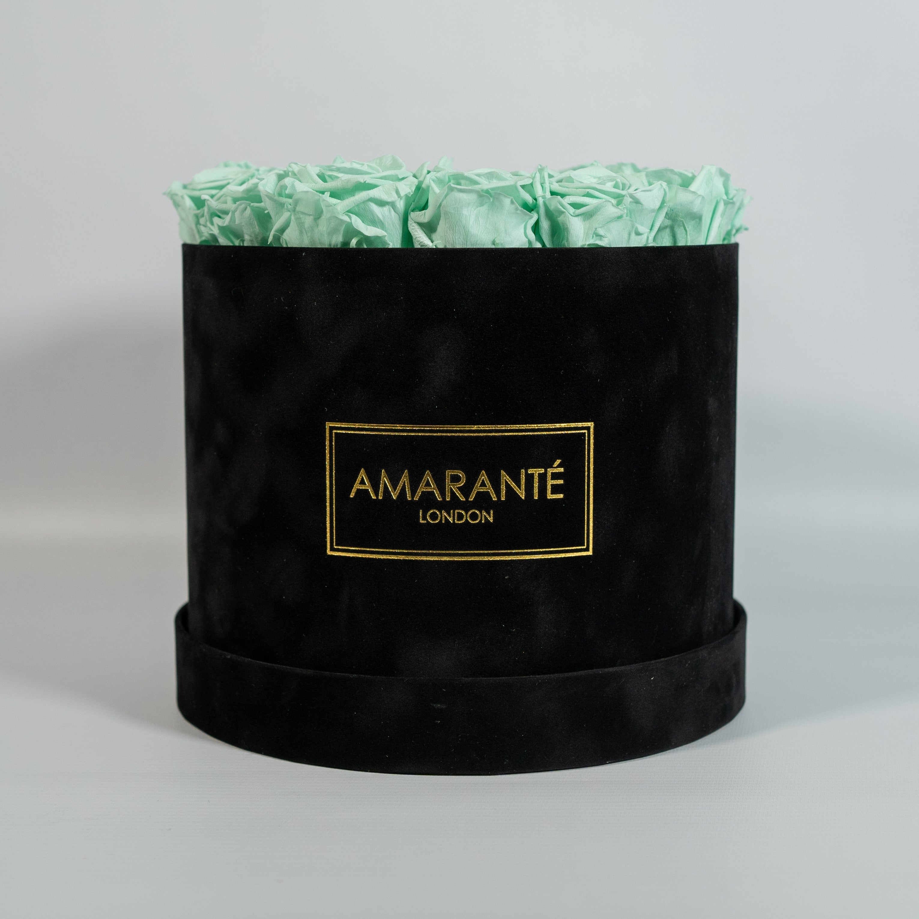 Majestic mint green Roses encompassed in a dreamy black box 