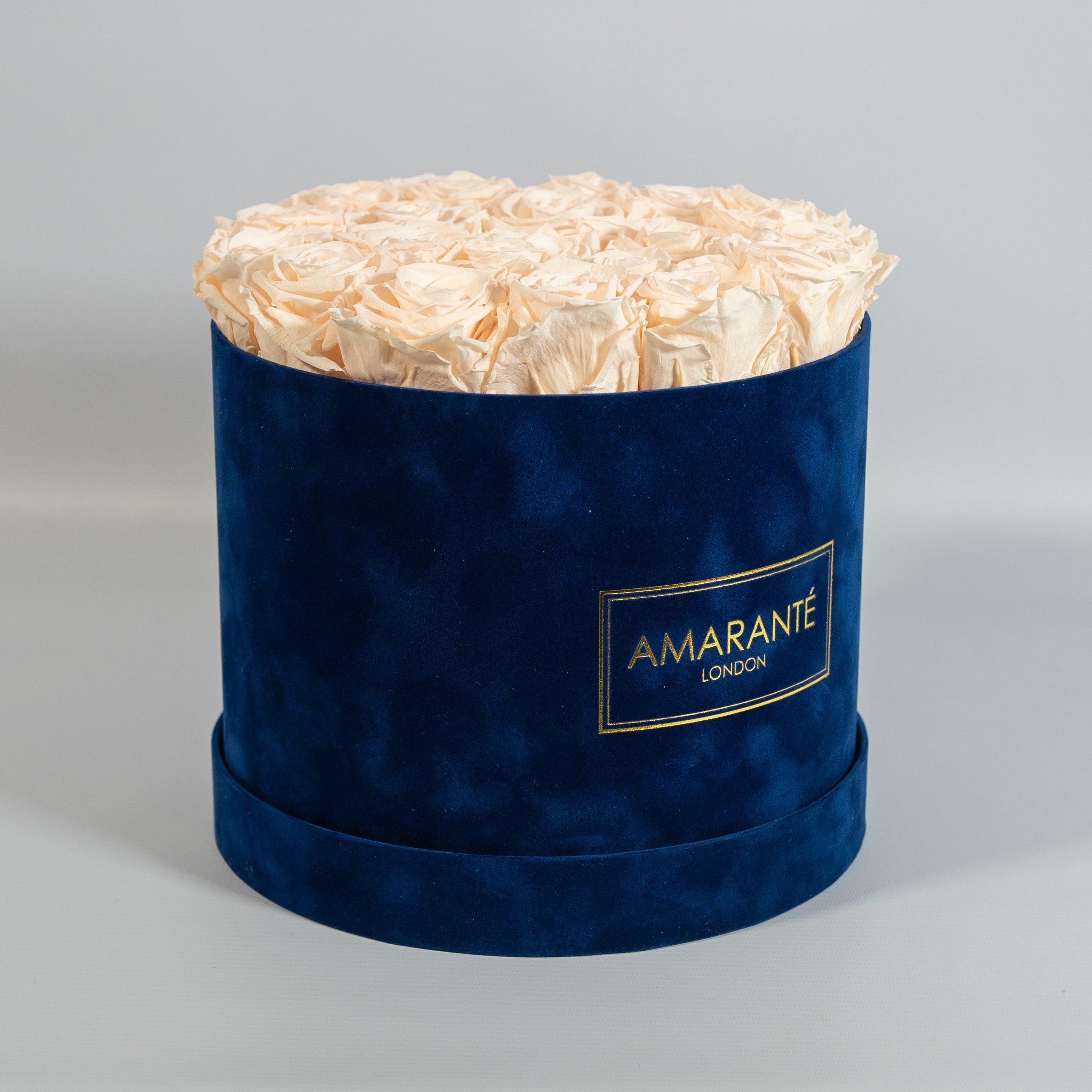 Exciting champagne Roses imbedded in a dapper blue box 