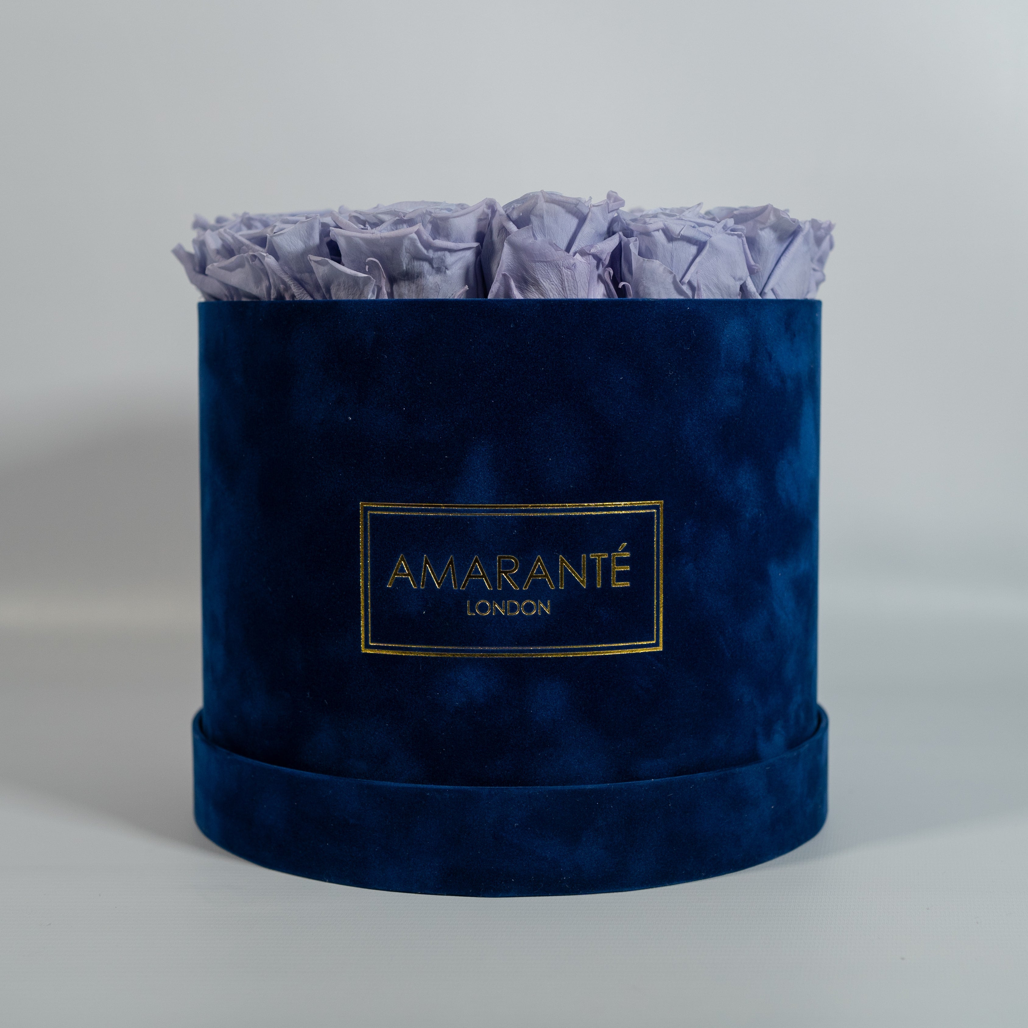 Gorgeous lavender Roses photographed in a stylish blue box 