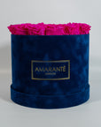 Captivating hot pink Roses featured in a modern blue box 
