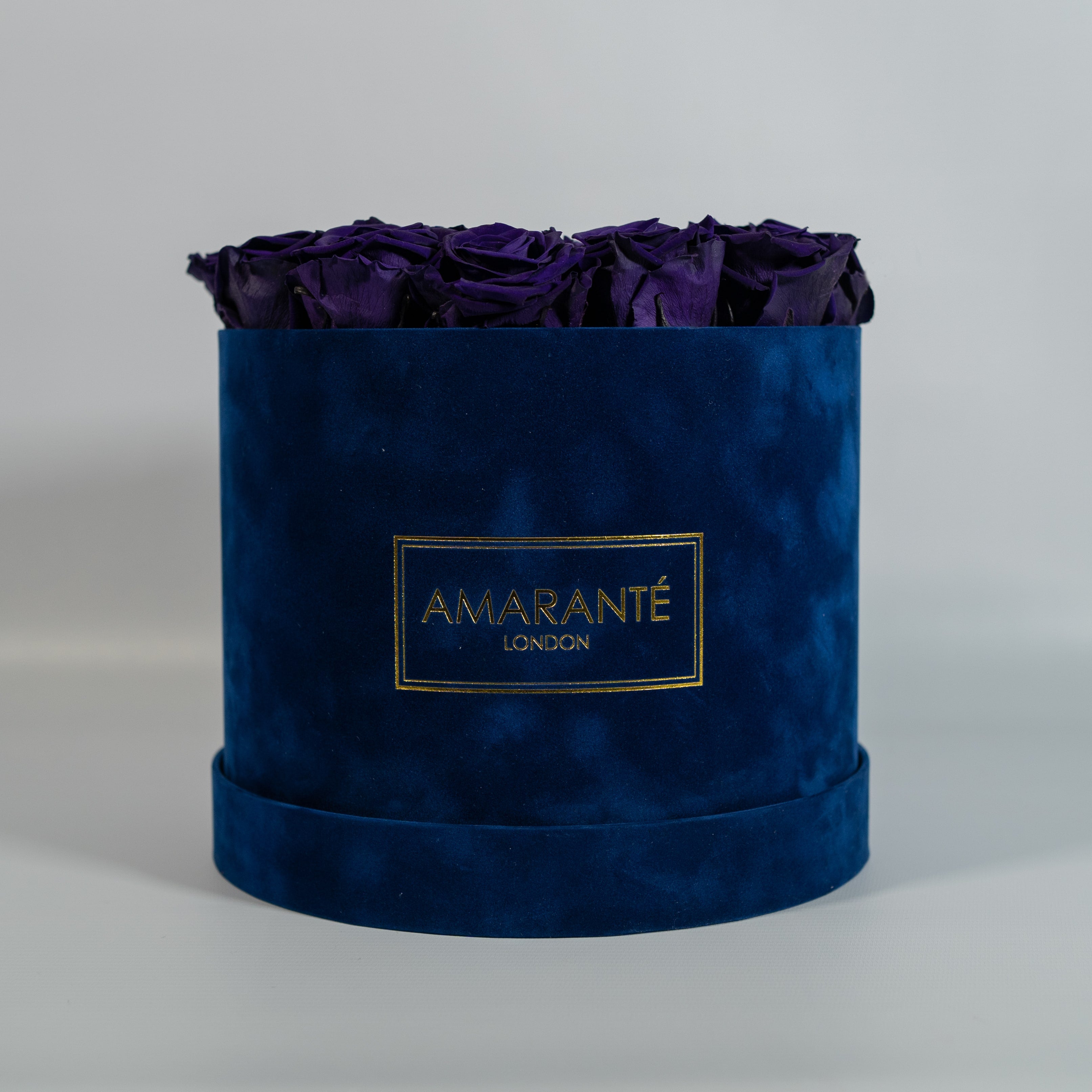 Alluring dark purple roses in a divine blue large and suede box 