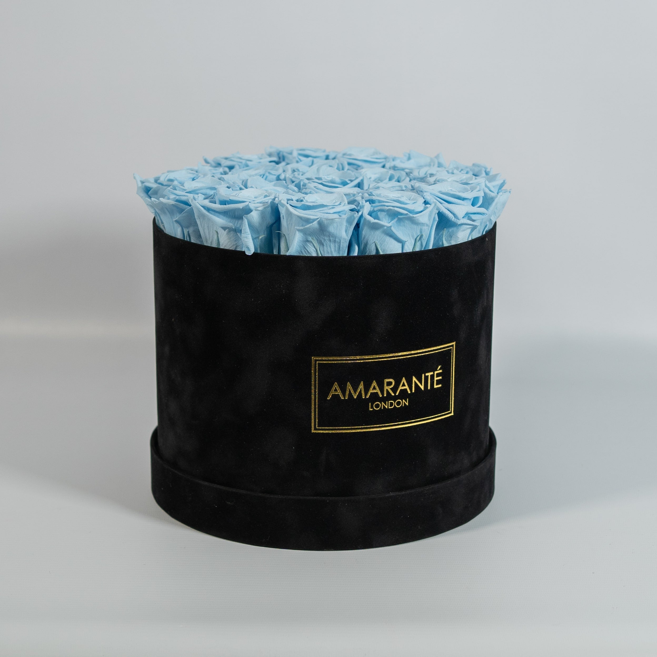 Alluring light blue Roses in a trendy black box 