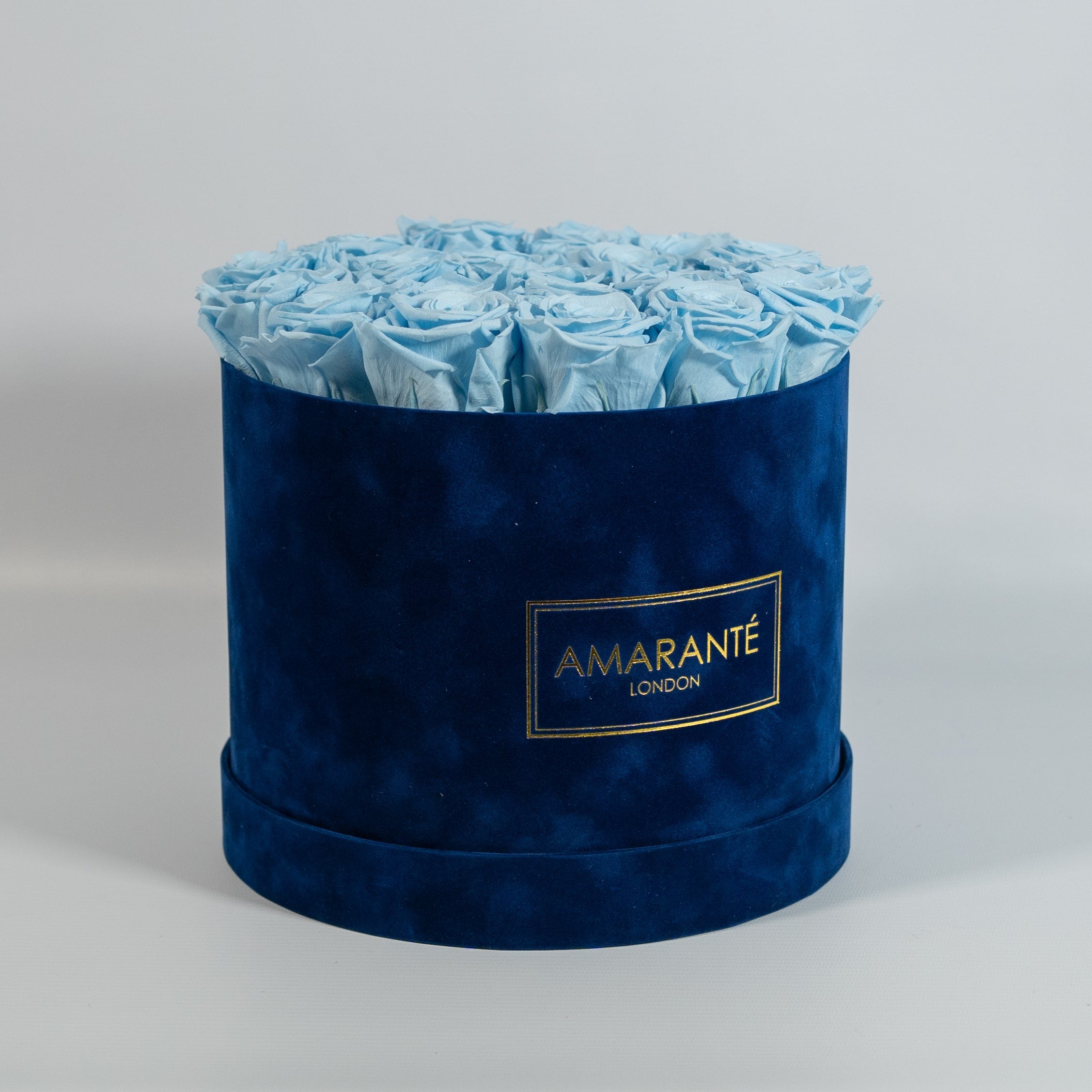 Chic light blue roses imbedded in a gorgeous blue suede box 