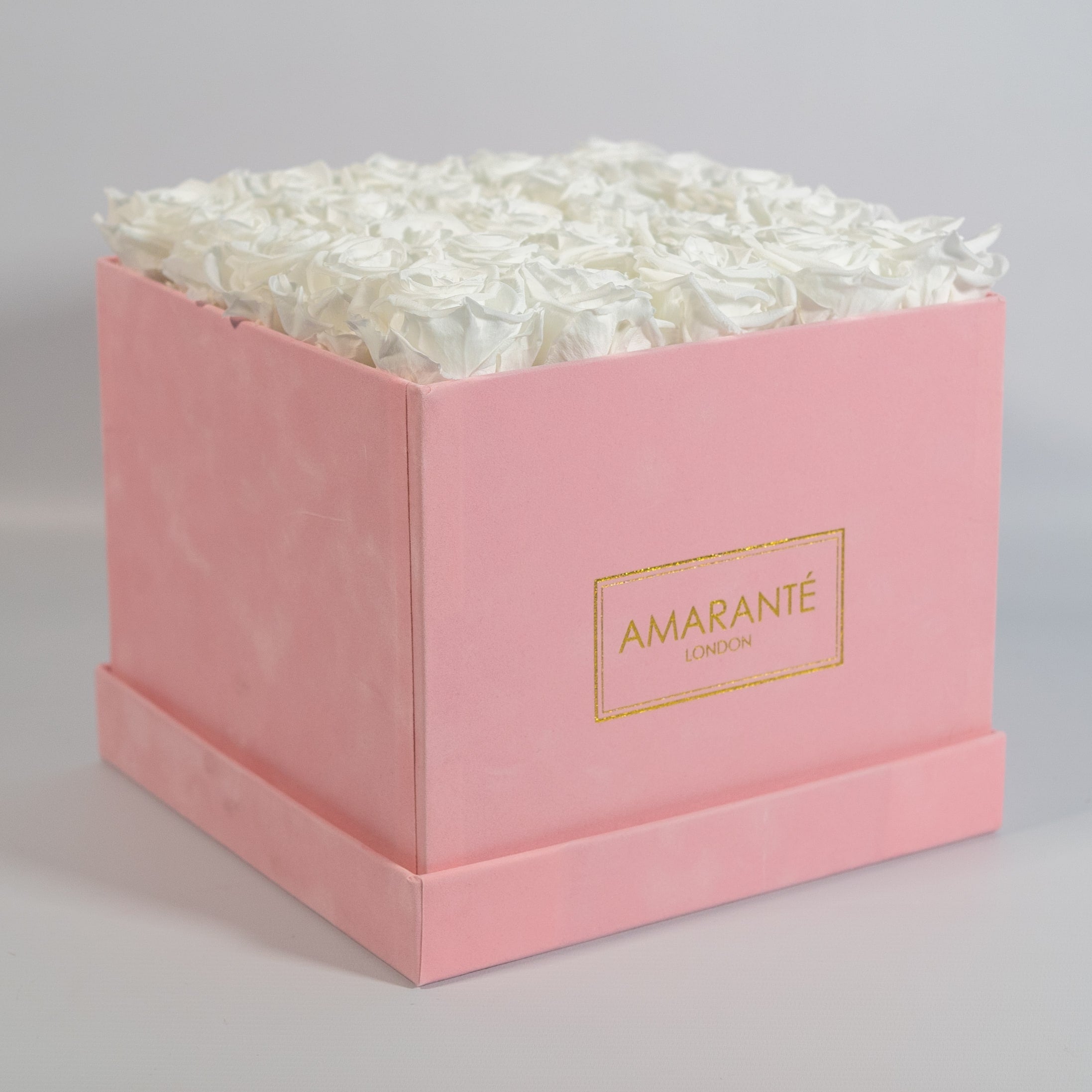 Distinctive white roses featured in a blushing pink box  