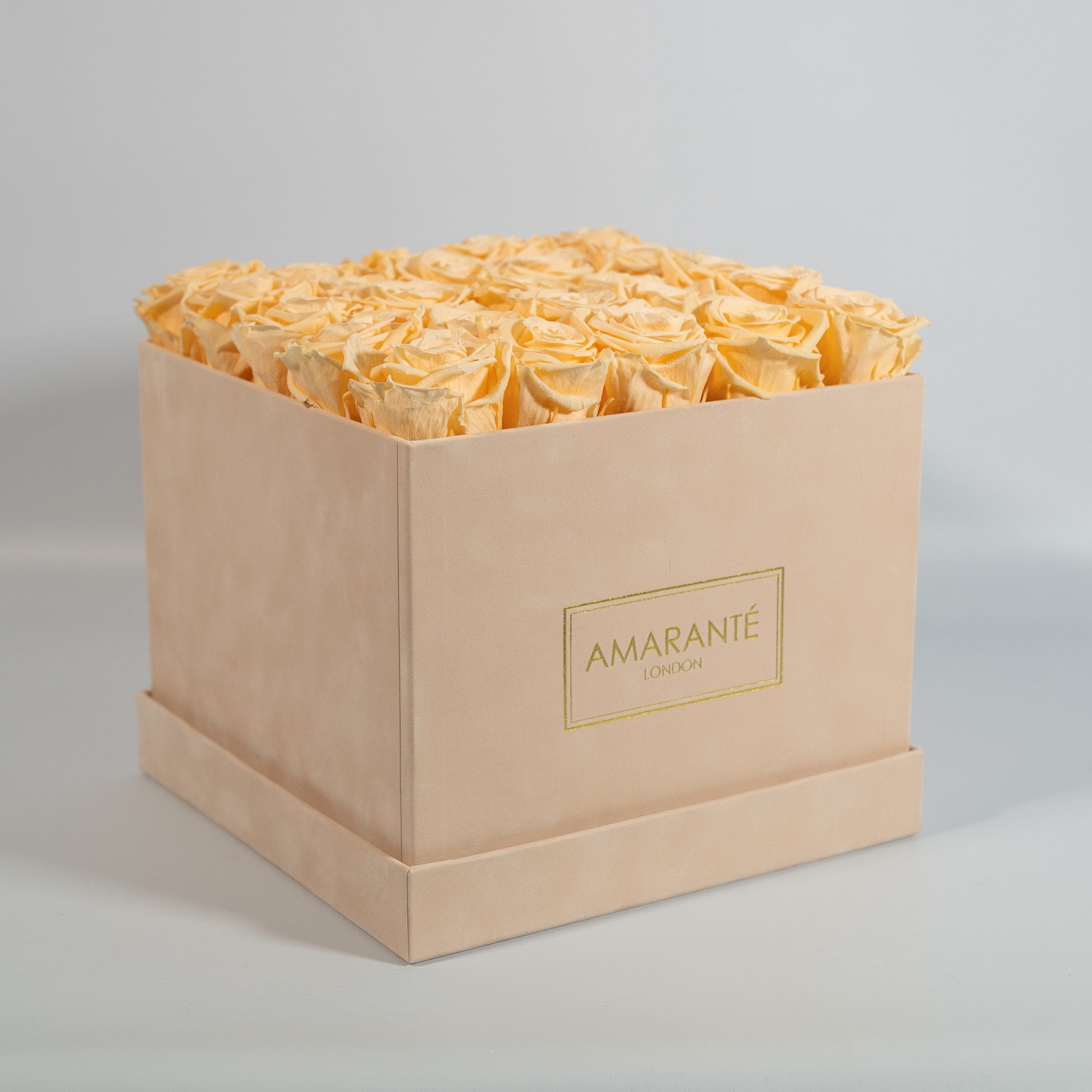 Tranquillising peach blooms displayed in an enchanting beige large box. 
