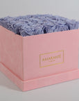 Artistic lavender roses photographed in a magical pink box 