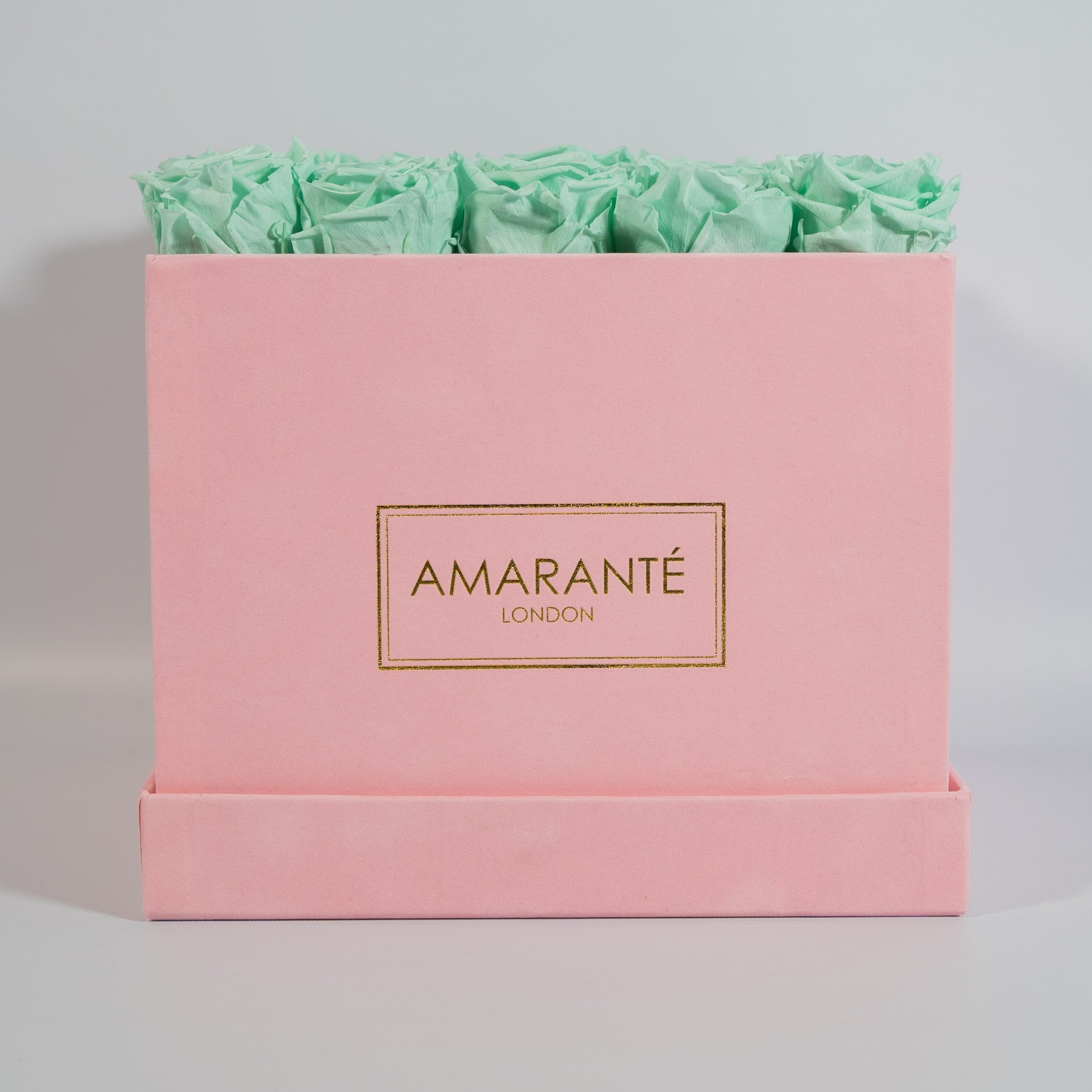 Earth toned mint green roses shown in a sleek pink box 