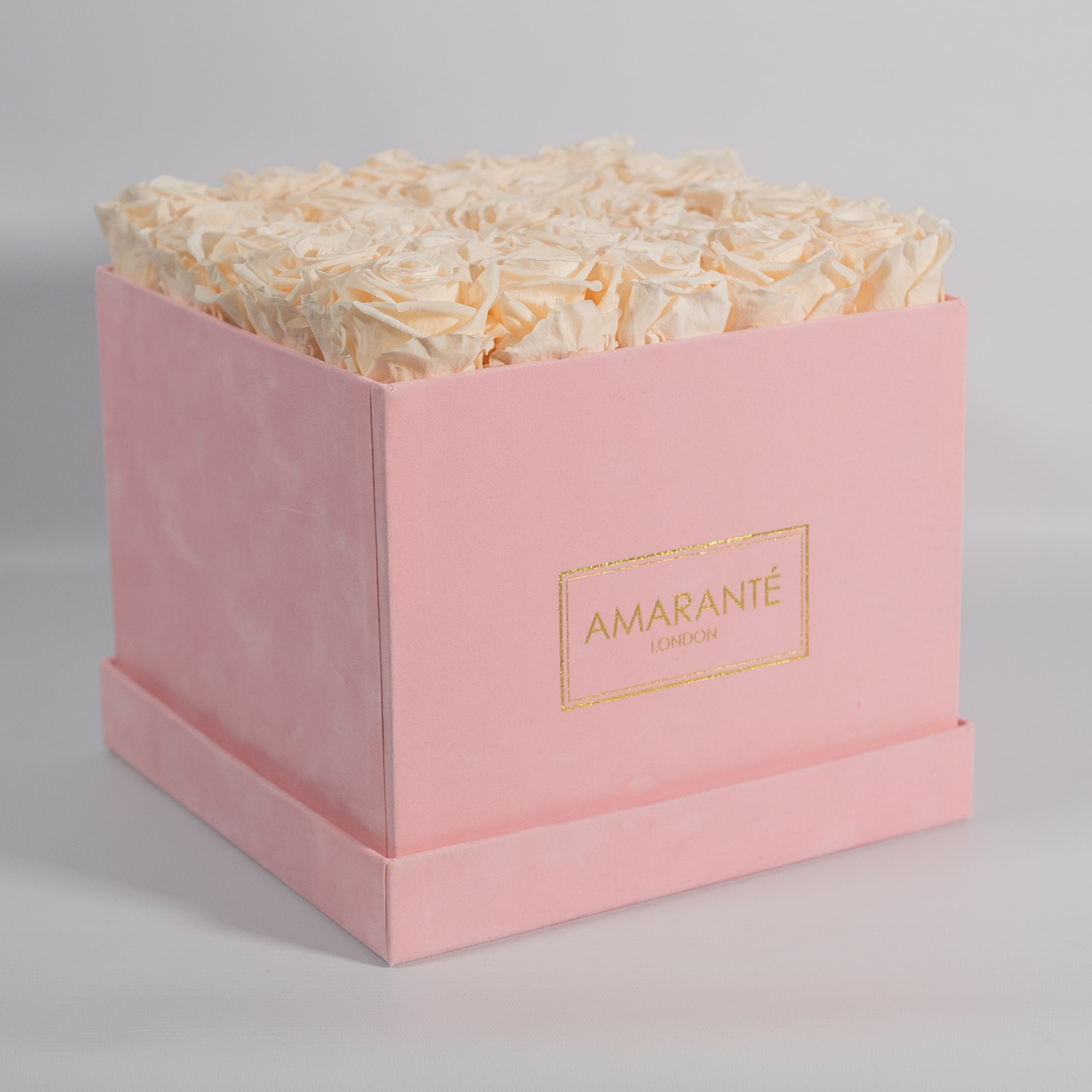 Exciting champagne roses displayed in a modern pink box 