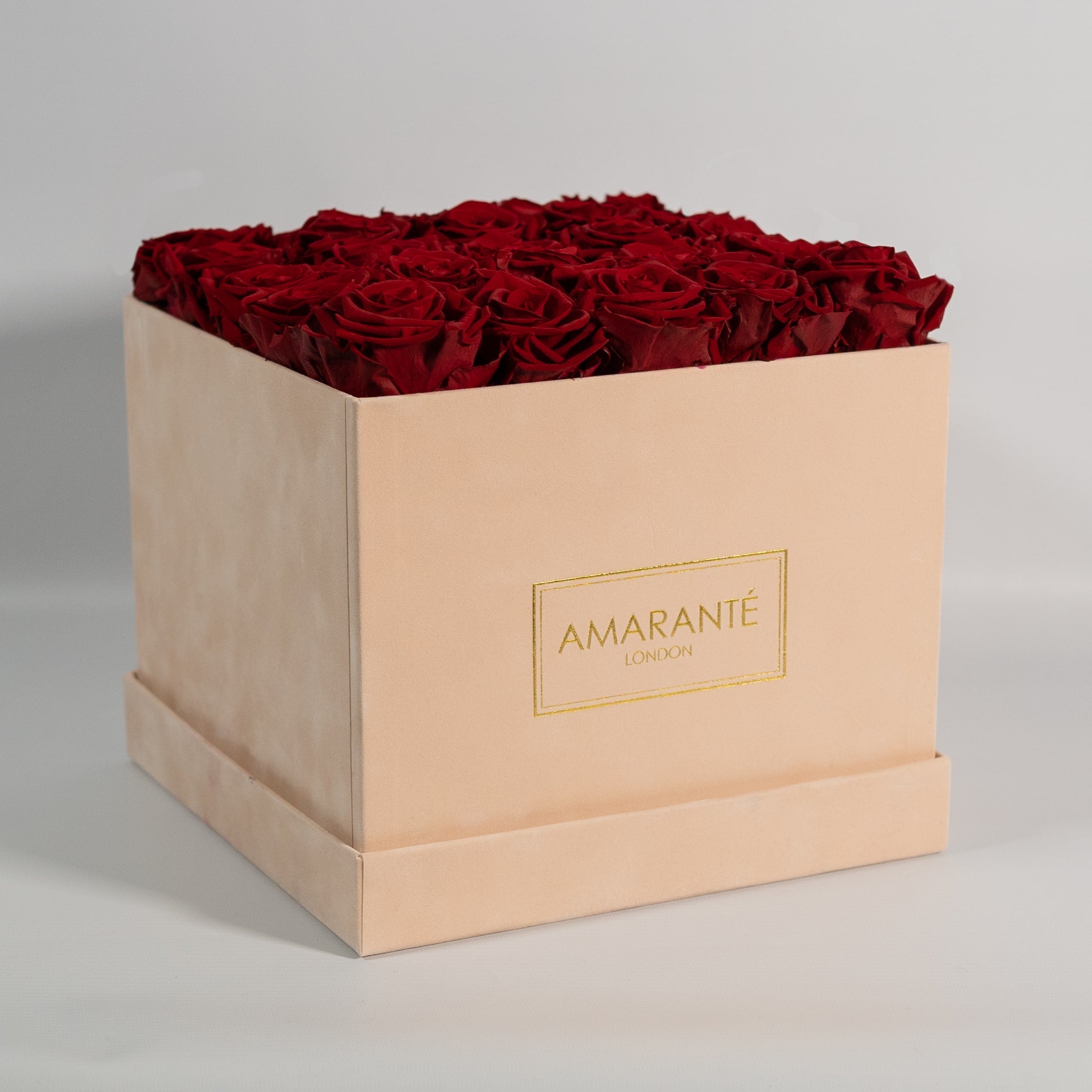 Breath-taking wine red Roses in a tender beige box. 