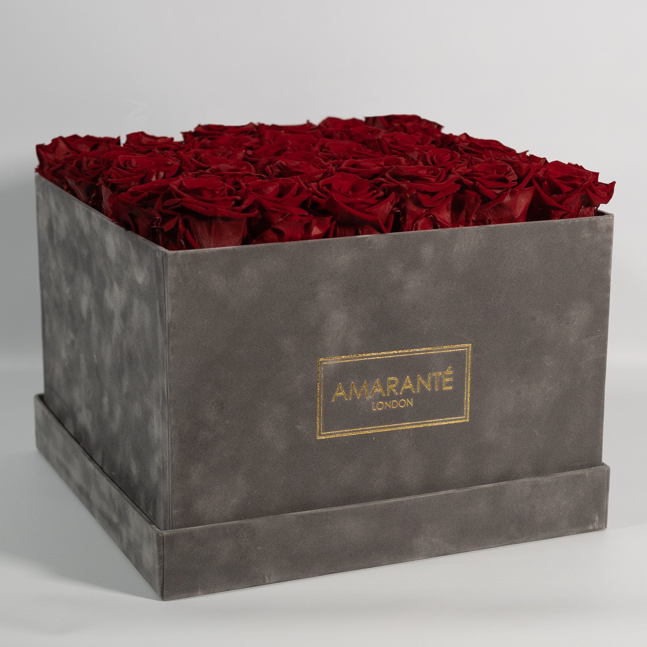 Dapper wine red Roses featured in a stylish grey package. 