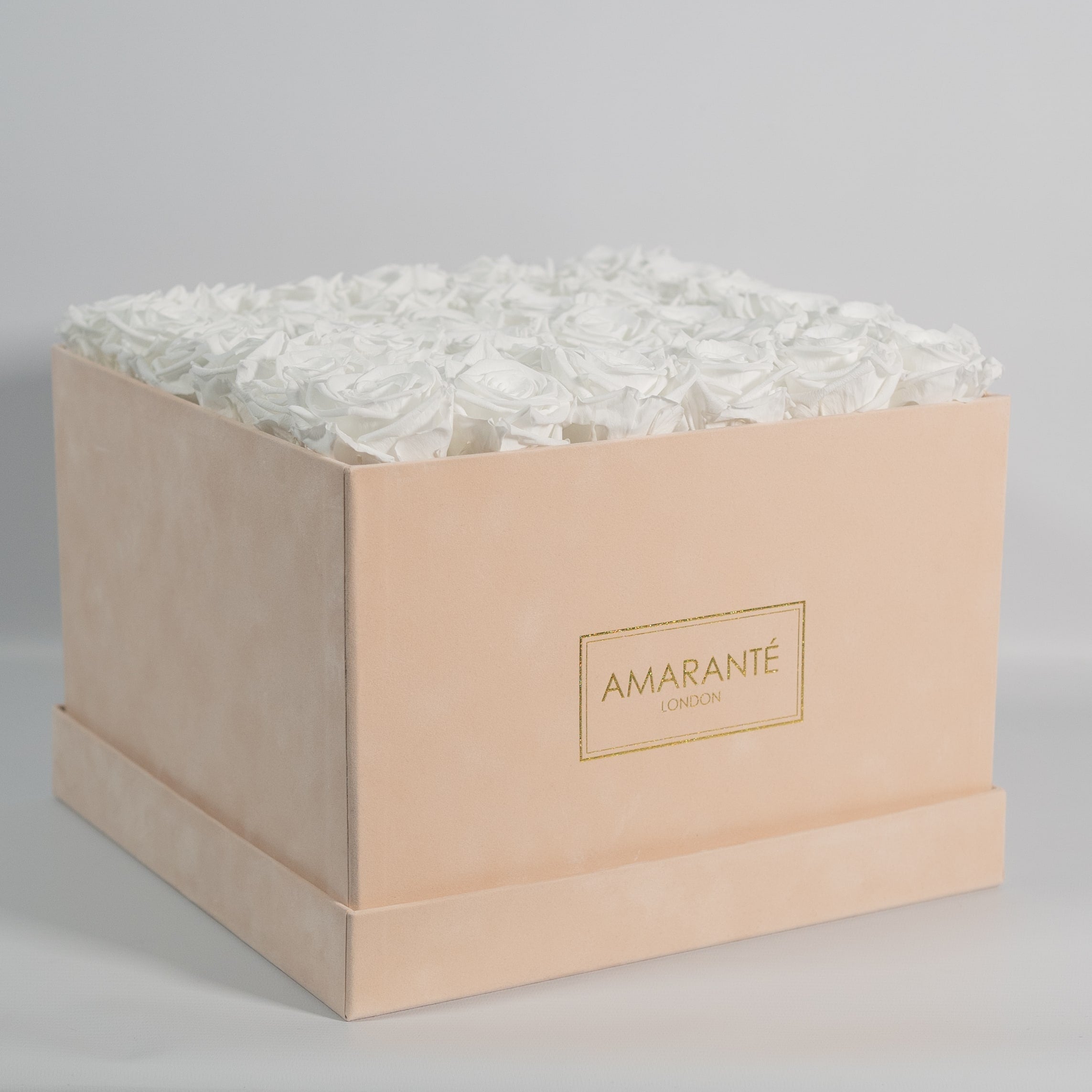 Enchanting white Roses displayed in an extra large box.