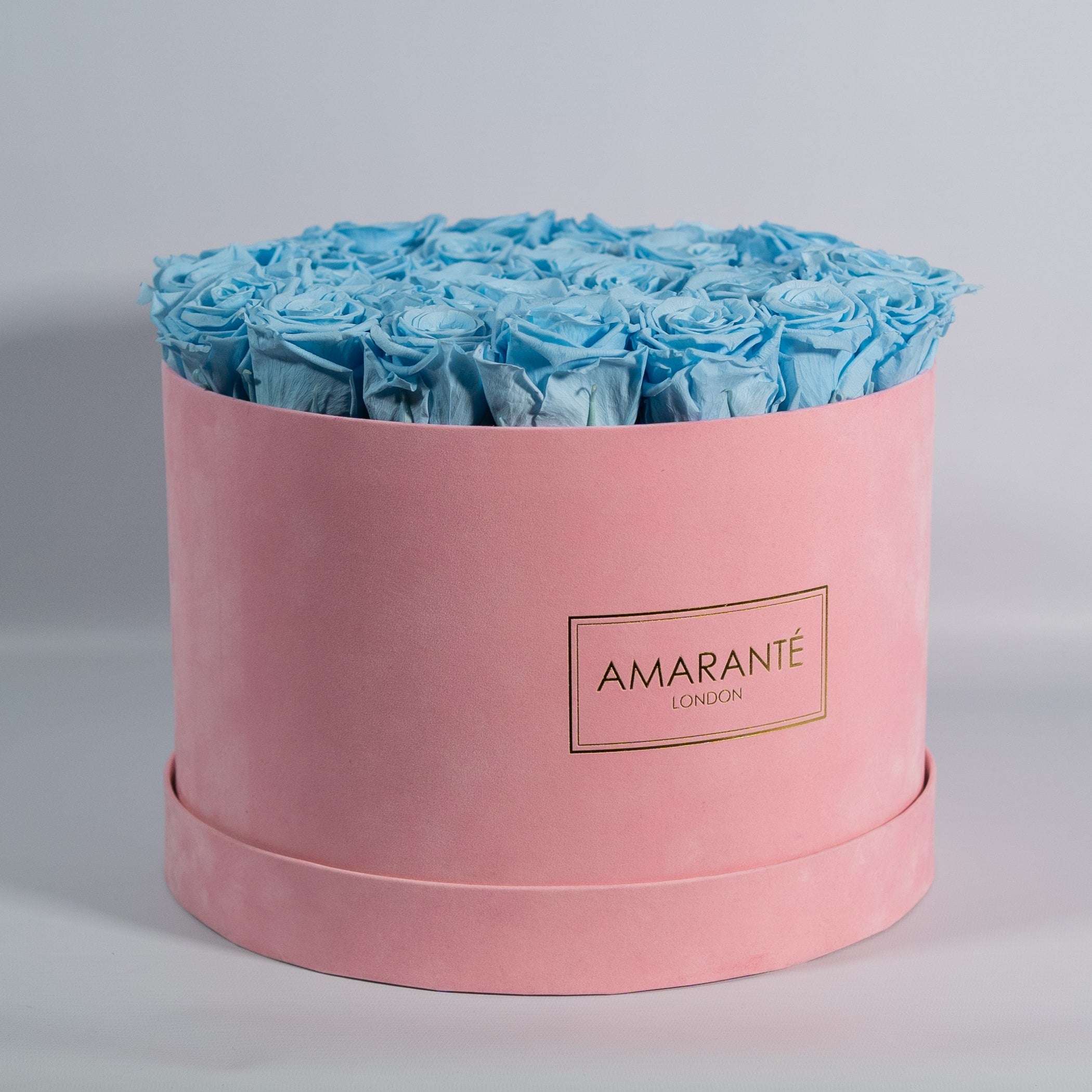 Captivating light blue Roses in a dapper pink suede box 