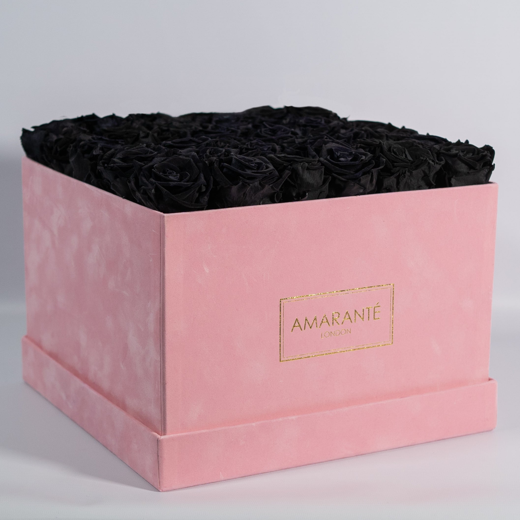 Bold black roses featured in a sophisticated pink box  