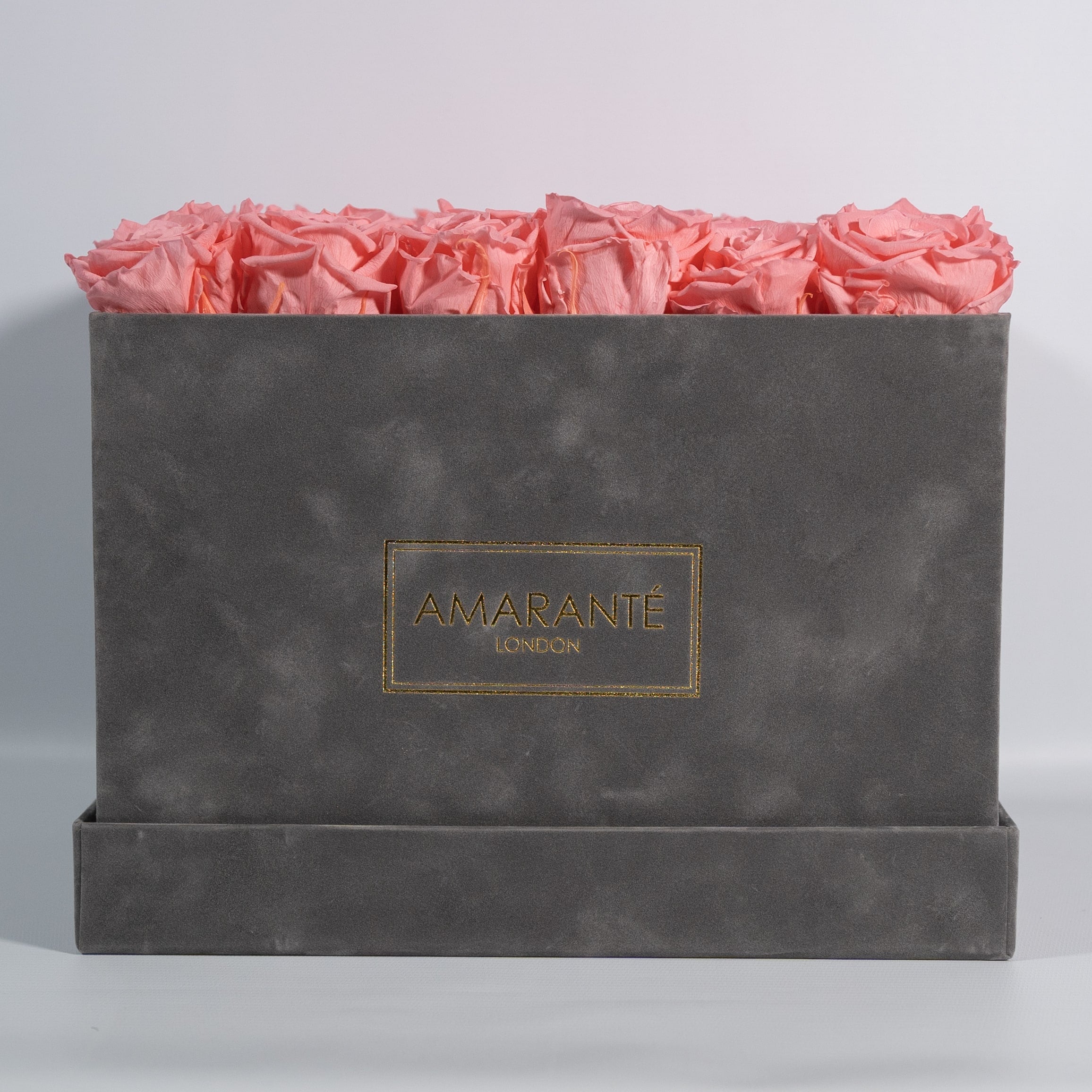 Blushing light pink Roses in a delicate grey sued extra large box 