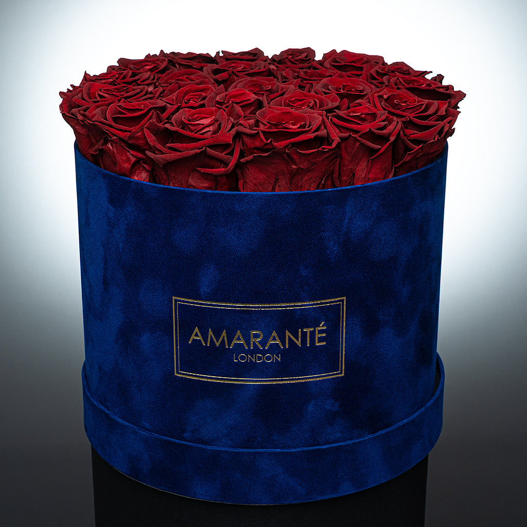 Large Royal Blue Round Suede Rose Box