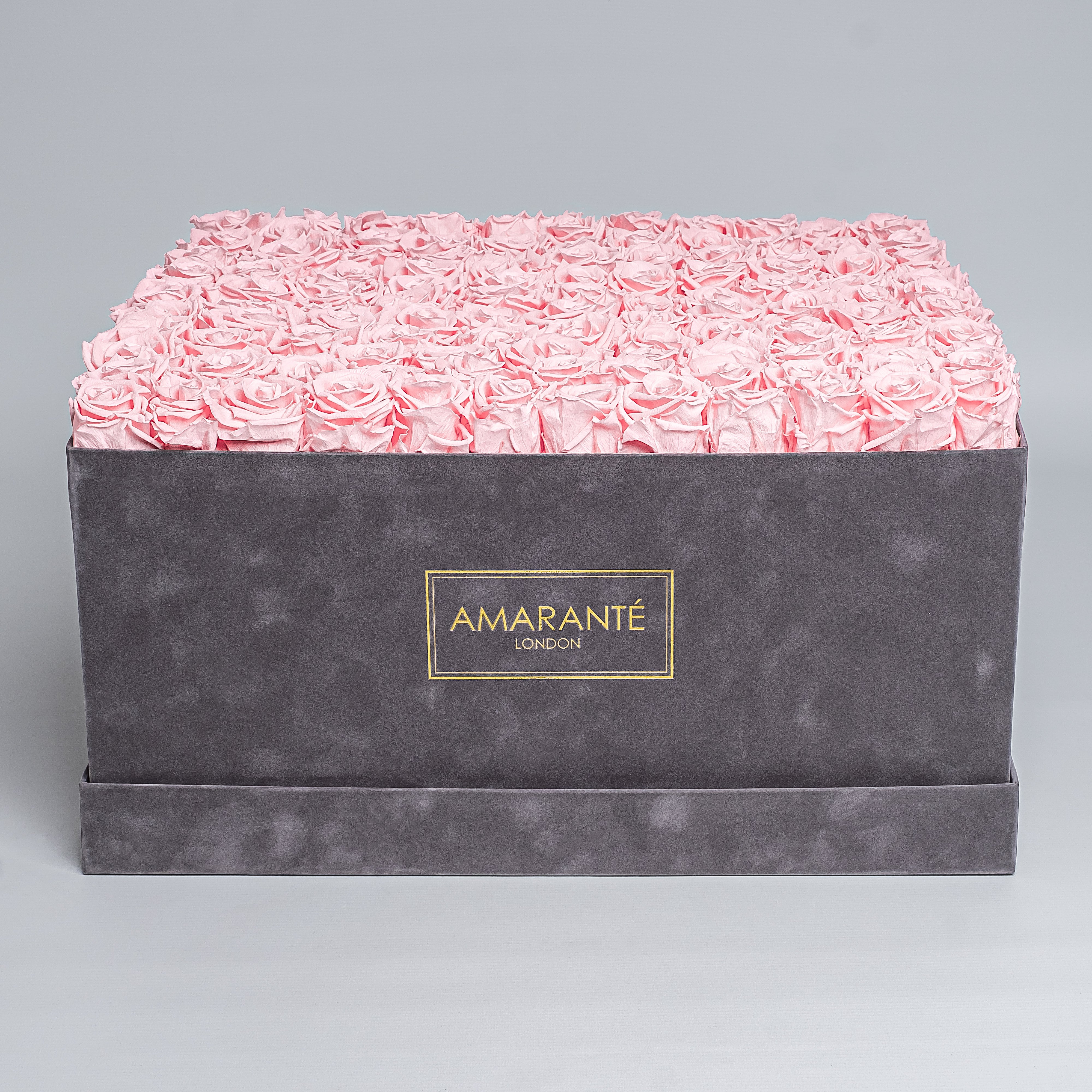 Luxurious super deluxe grey square rose box with a chic suede finish, brimming with 150 large pink infinity roses, a timeless expression of love, free UK delivery, 20&quot;x20&quot; rose box - Choose your roses from 14 delicate pastel colours.