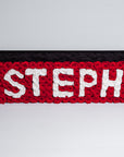 Frontal view of super deluxe black rectangular rose box 30"x25", housing 140 red and white infinity roses, symbolising enduring love with the name STEPH. Free UK delivery.