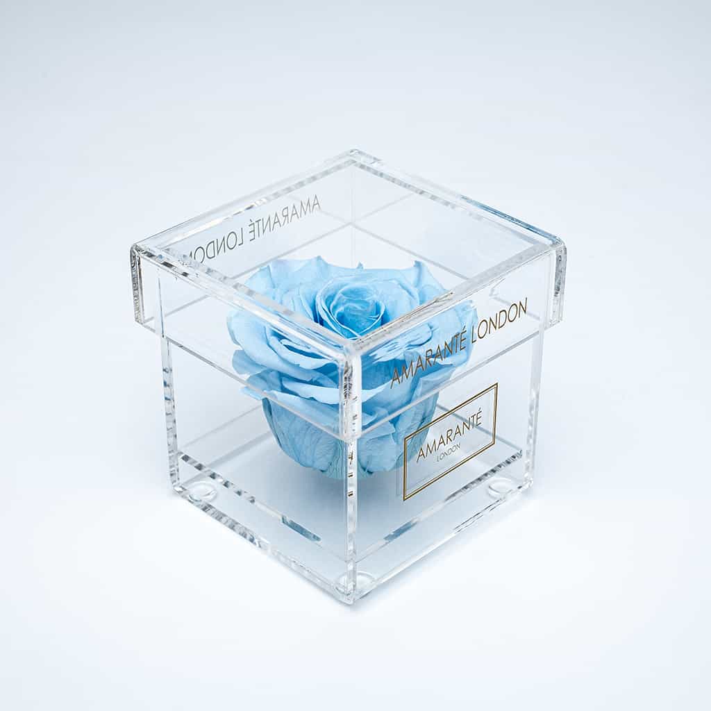 Premium light blue single infinity rose in a stylish acrylic box, captivating in its timeless beauty, perfect for Valentine&#39;s Day and romantic gifting.