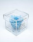 Premium light blue single infinity rose in a stylish acrylic box, captivating in its timeless beauty, perfect for Valentine's Day and romantic gifting.