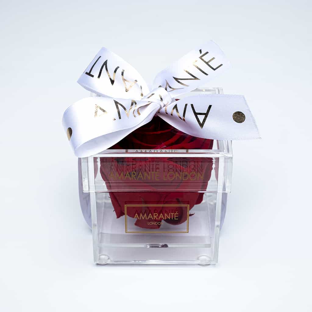 Red Single Infinity Rose in a transparent acrylic square jewellery box - Amarante London 