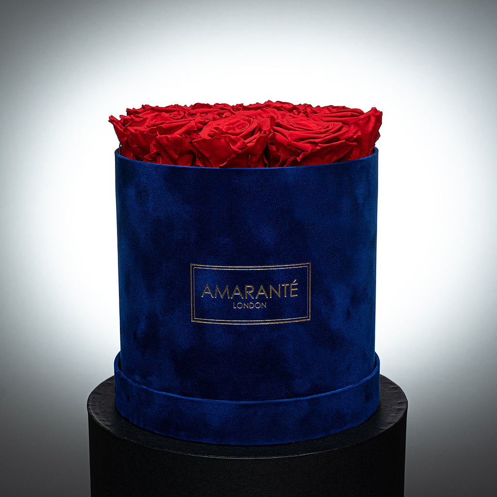 Medium Round Royal Blue Suede Rose Box