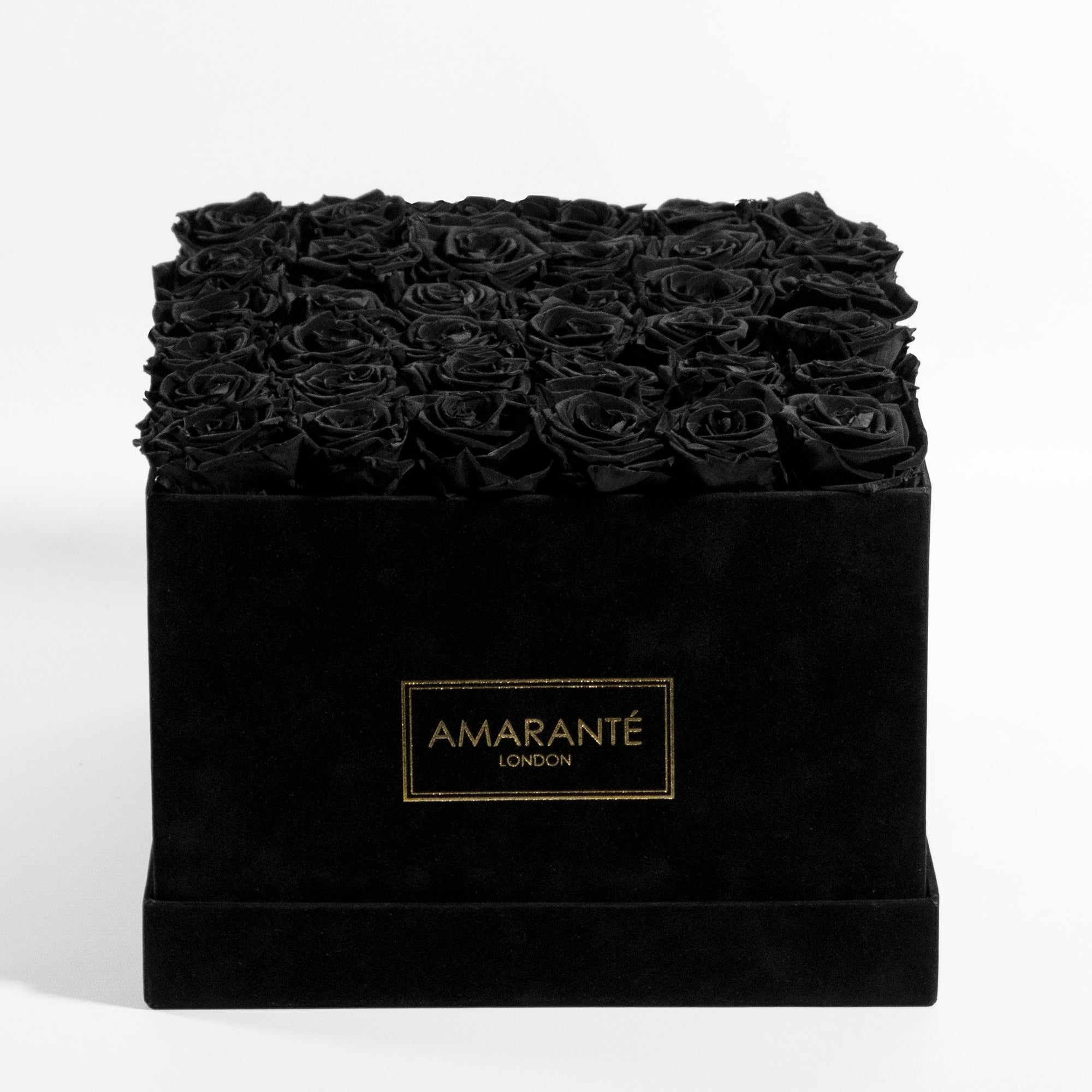 Express your love and affection with our polished black suede rose box filled with 36 intense black infinity roses. Free UK Delivery.