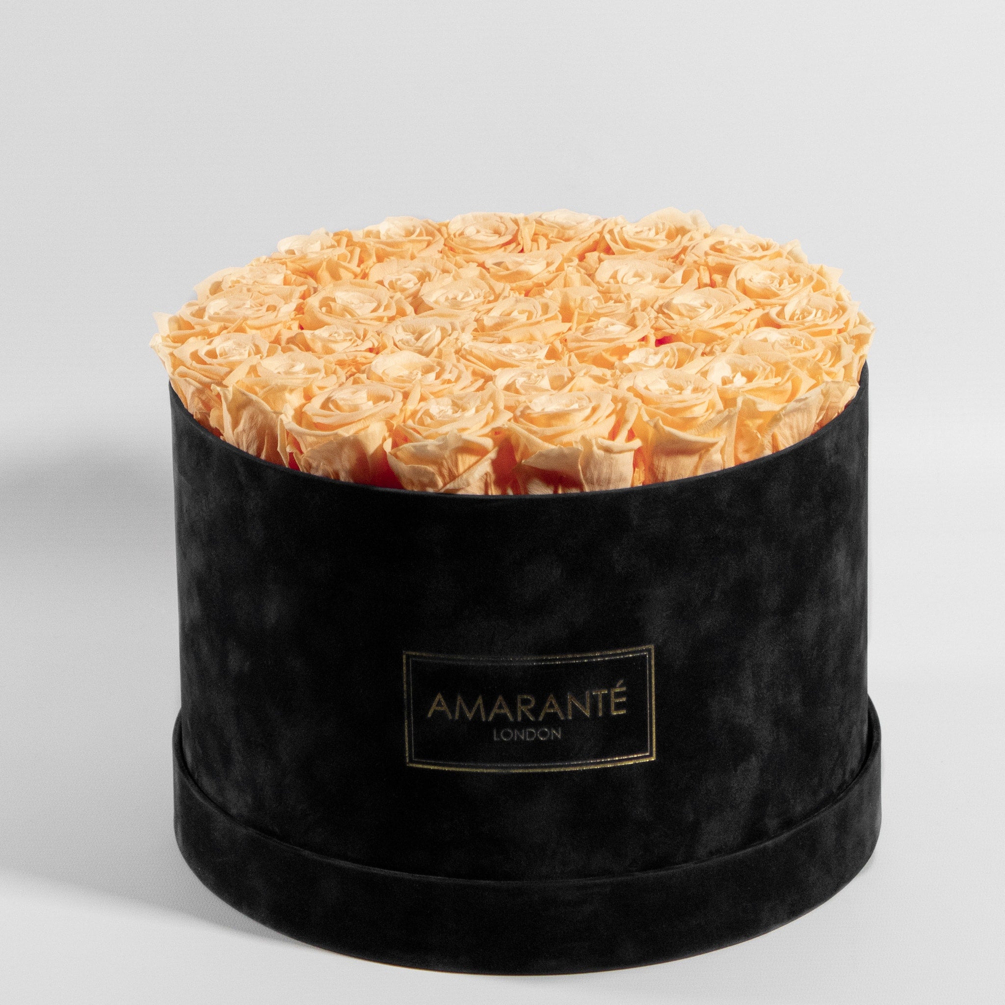 Majestic peach Roses in a stylish black box, ideal for expressing friendship and adventure. 