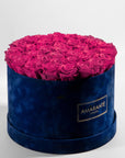 Eye catching hot pink roses in a dark blue box, ideal for adding a hint of playfulness to a tender and elegant gift. 