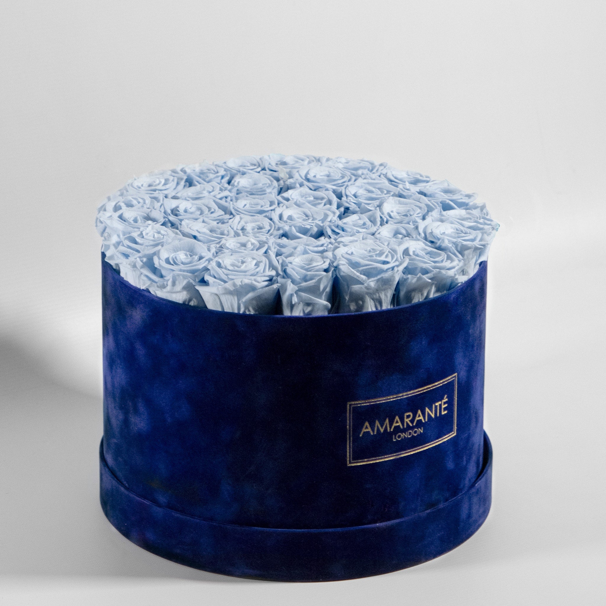 Magical light blue roses in a dark blue box, denoting protection, security, and health. 