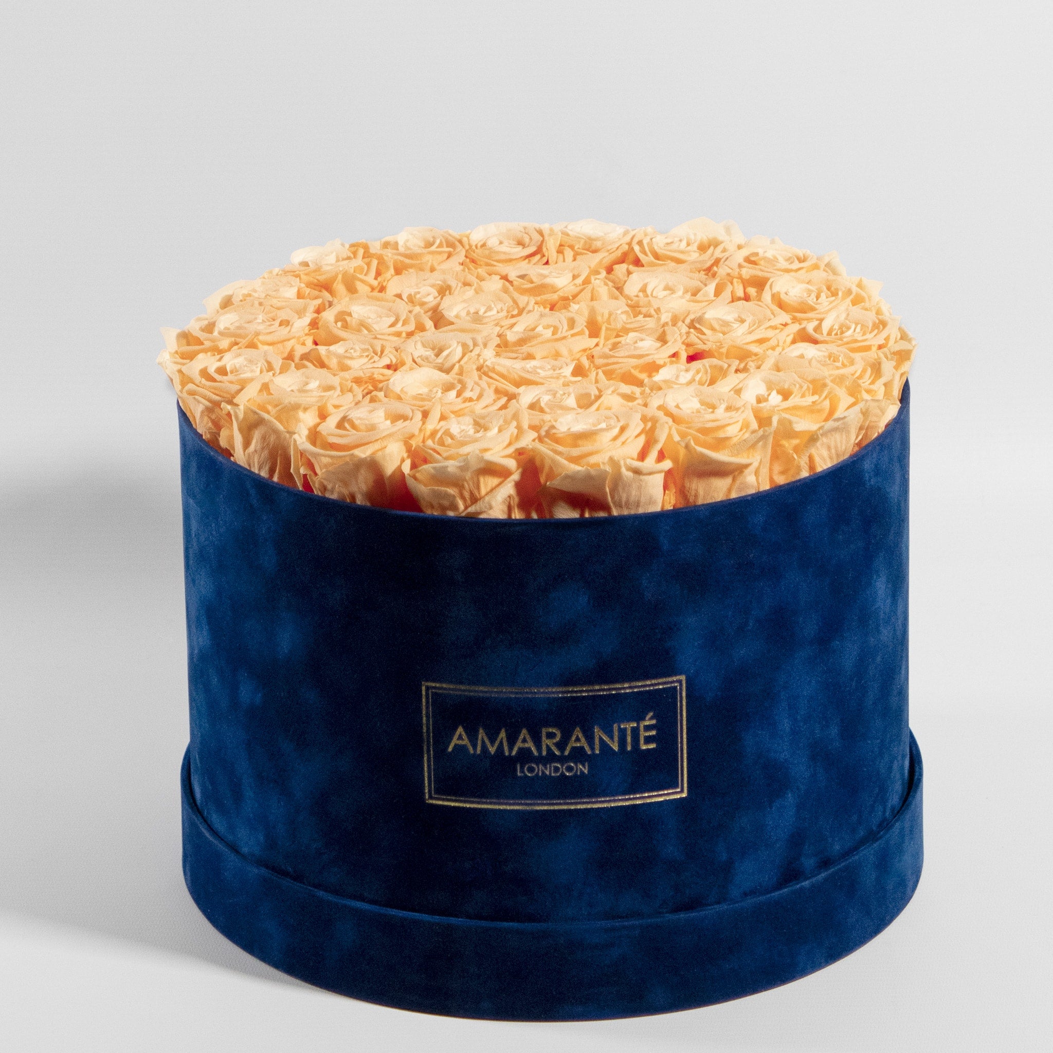 Warm peach roses in a dreamy blue box, the perfect gift to express friendship and appreciation. 