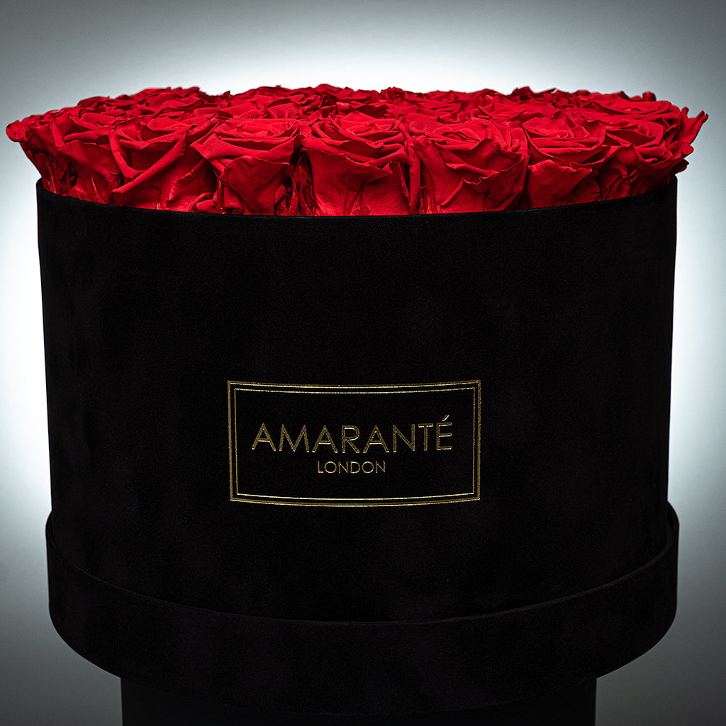 Extra Large Round Black Suede Rose Box of Infinity Roses – Amarante London