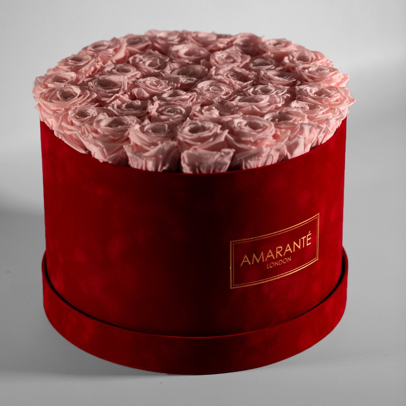 Delicate light pink Roses imbedded in a breath-taking red box, ideal for a girlfriend. 